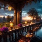 Ornate Balcony View of Sunset and City Skyline