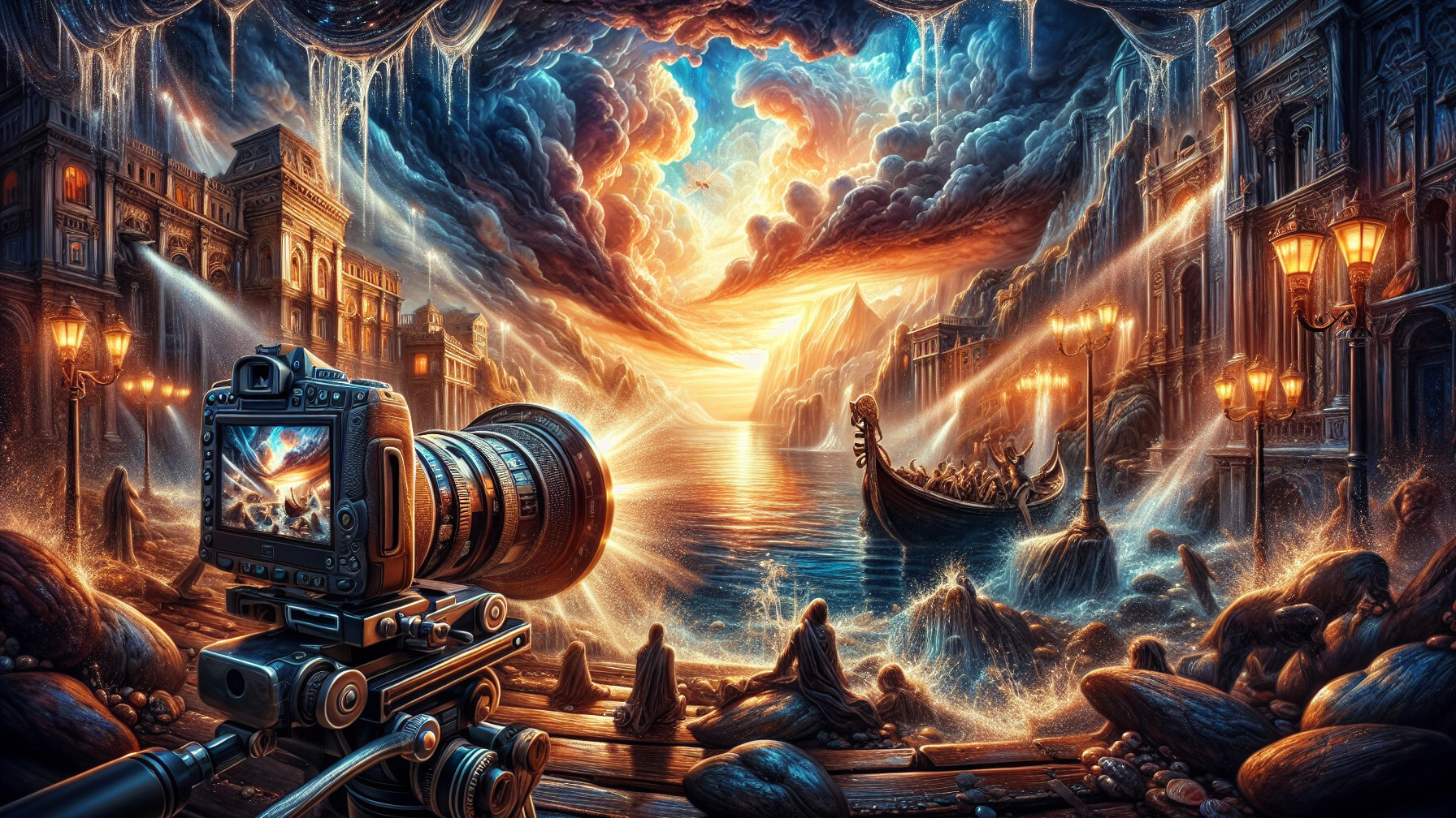 Fantasy Landscape with Sunset and Serene Waterway