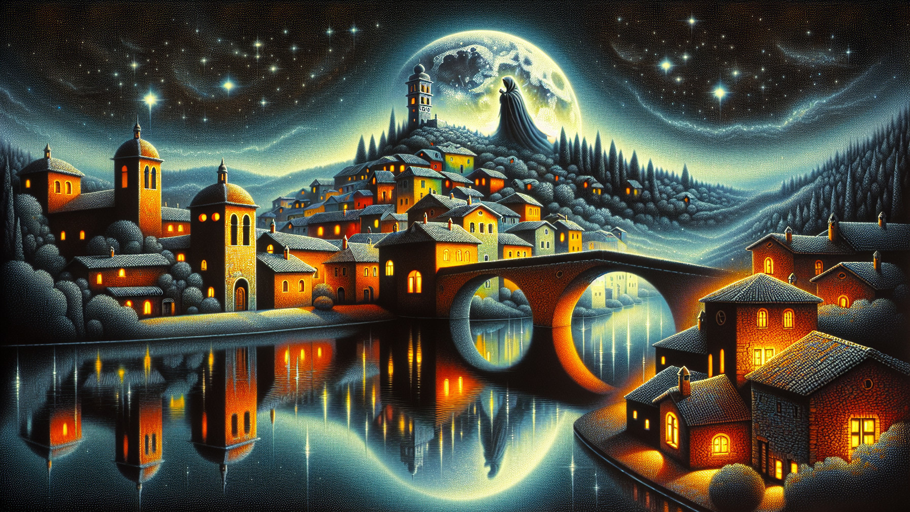 Serene Night Scene of a Village by a Shimmering River