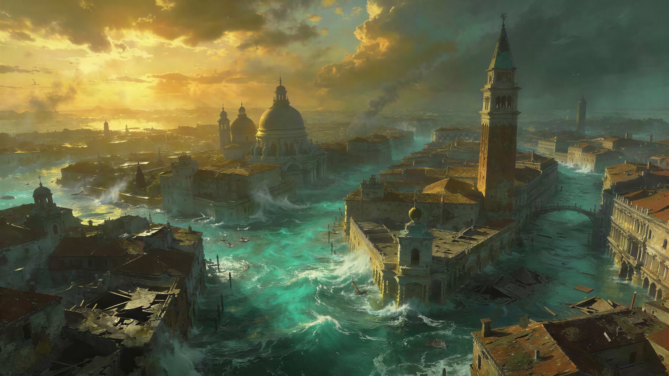 Flooded Venice in a Stormy, Hyperrealistic Scene