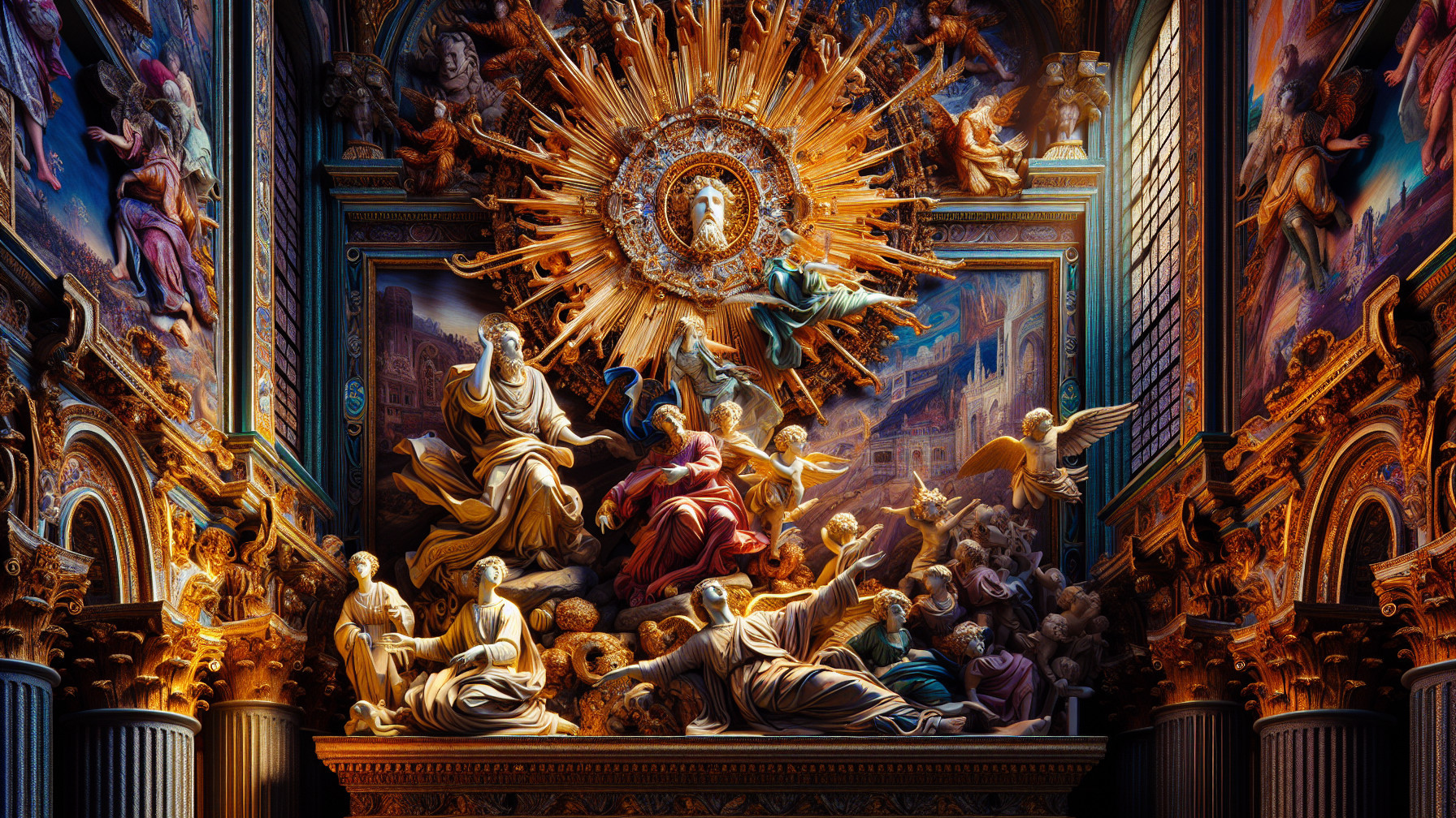 Baroque Altar with Golden Sunburst and Sculptures