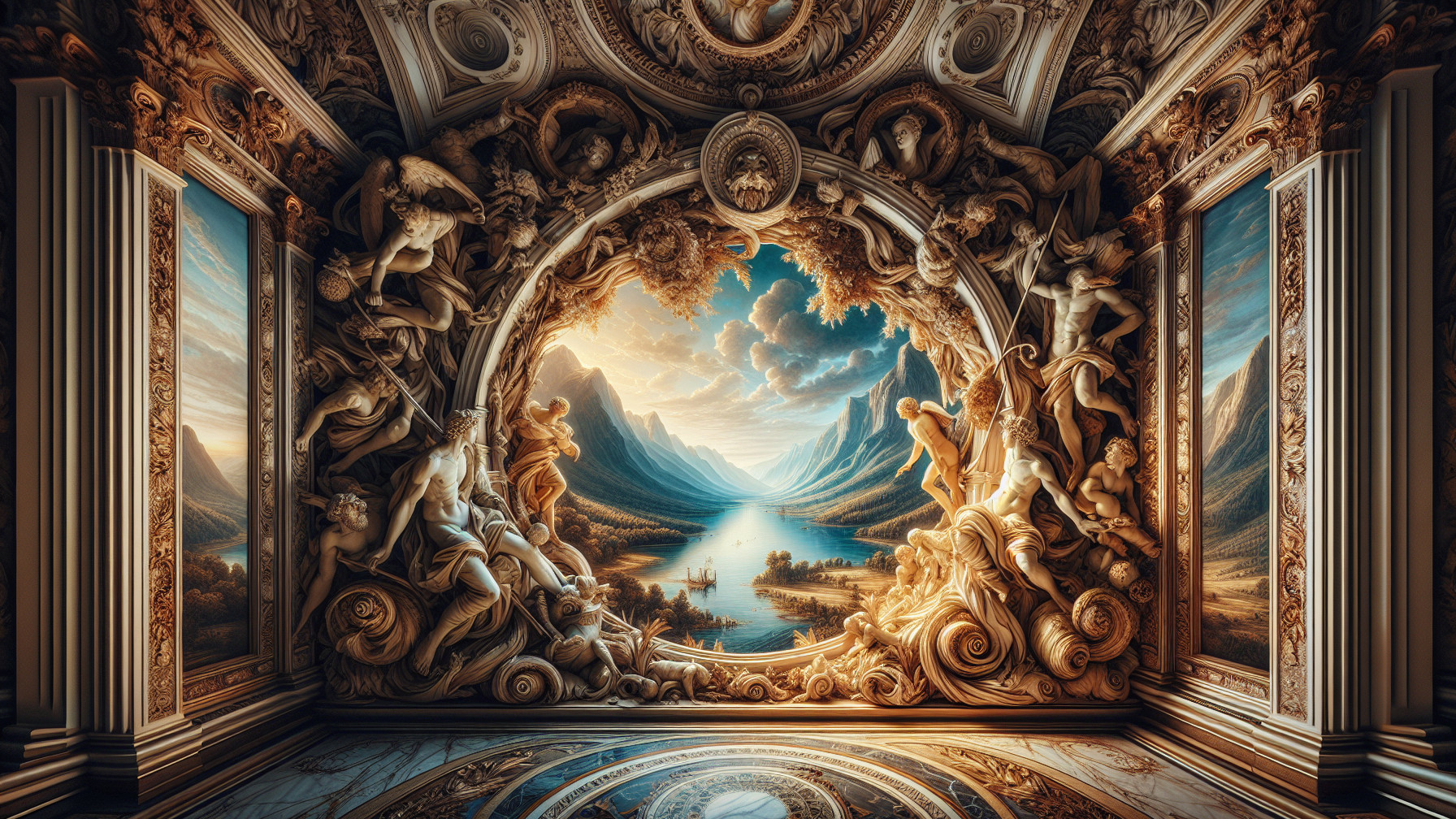 Ornate Interior with Serene Landscape View