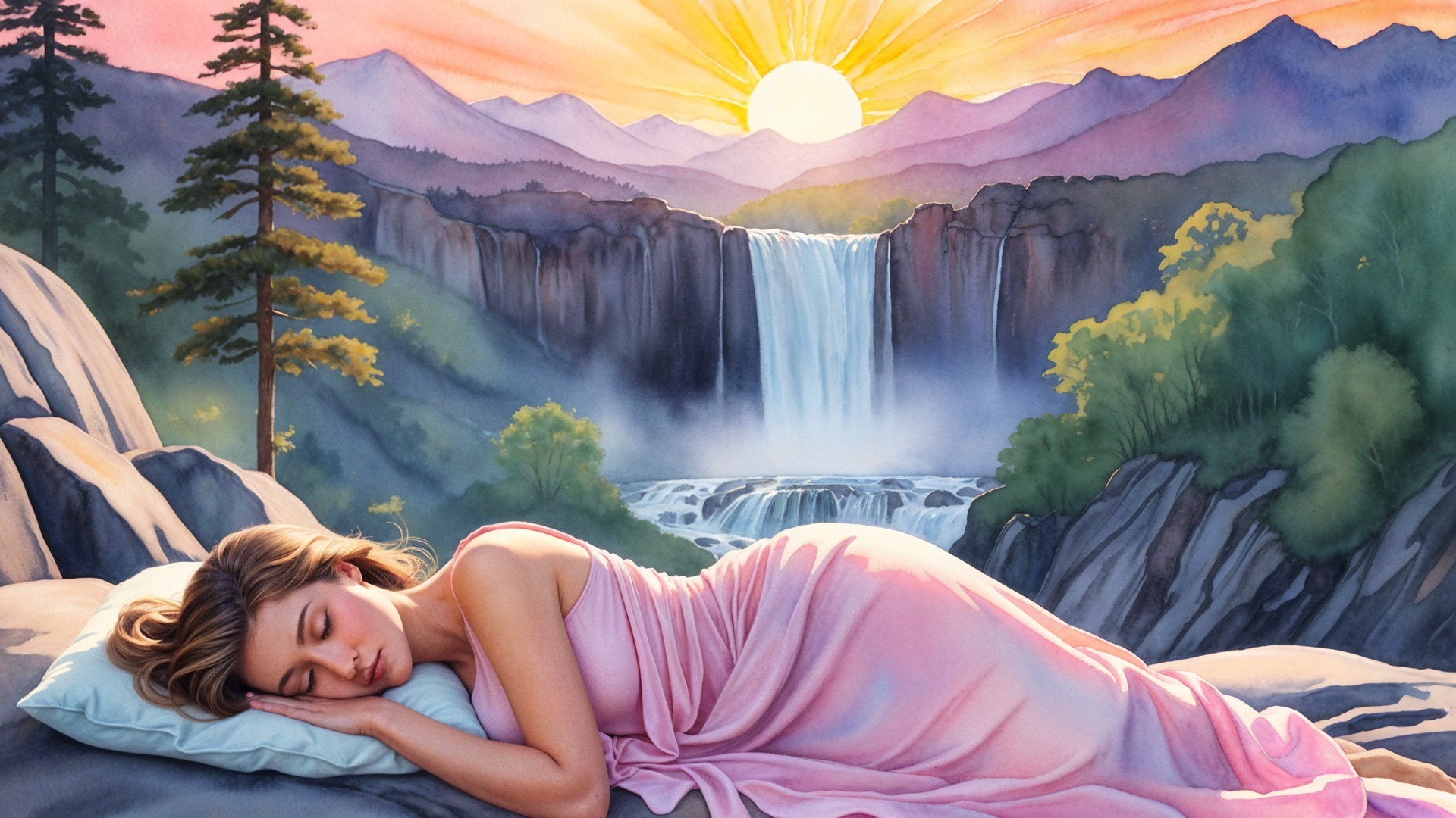 Woman Sleeping on Rock with Sunrise and Waterfall