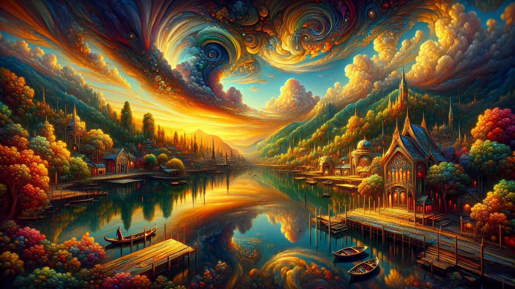 Vibrant Dreamlike Landscape with Tranquil Lake and Sky