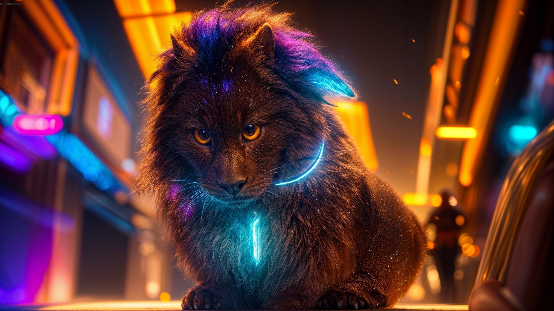 Futuristic Lion Creature in Neon-Lit Environment
