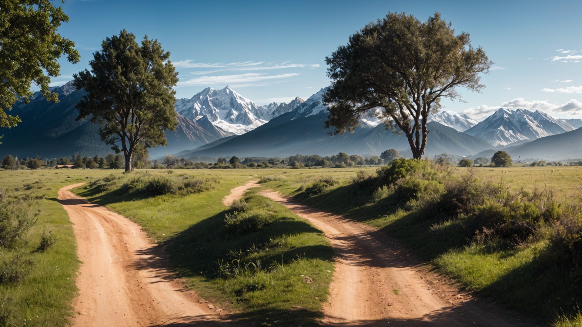 Serene Landscape with Winding Paths and Mountains