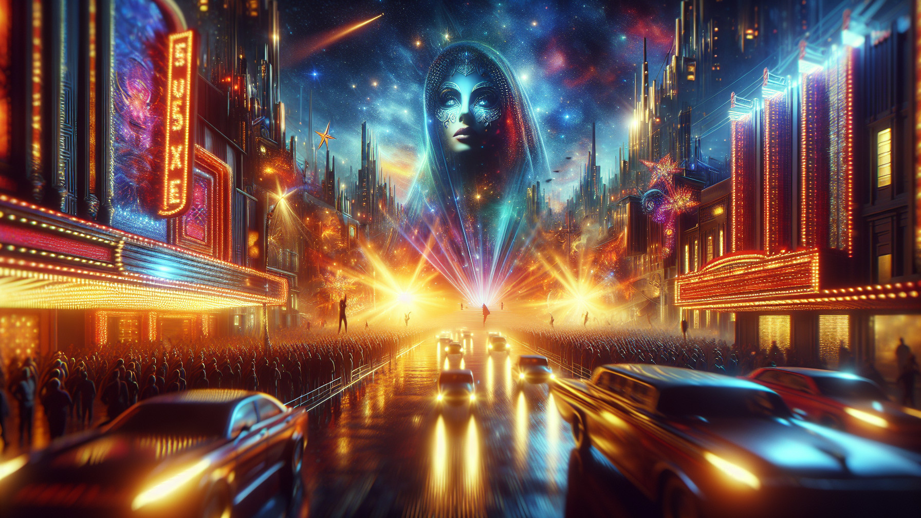 Futuristic cityscape with neon lights and crowds
