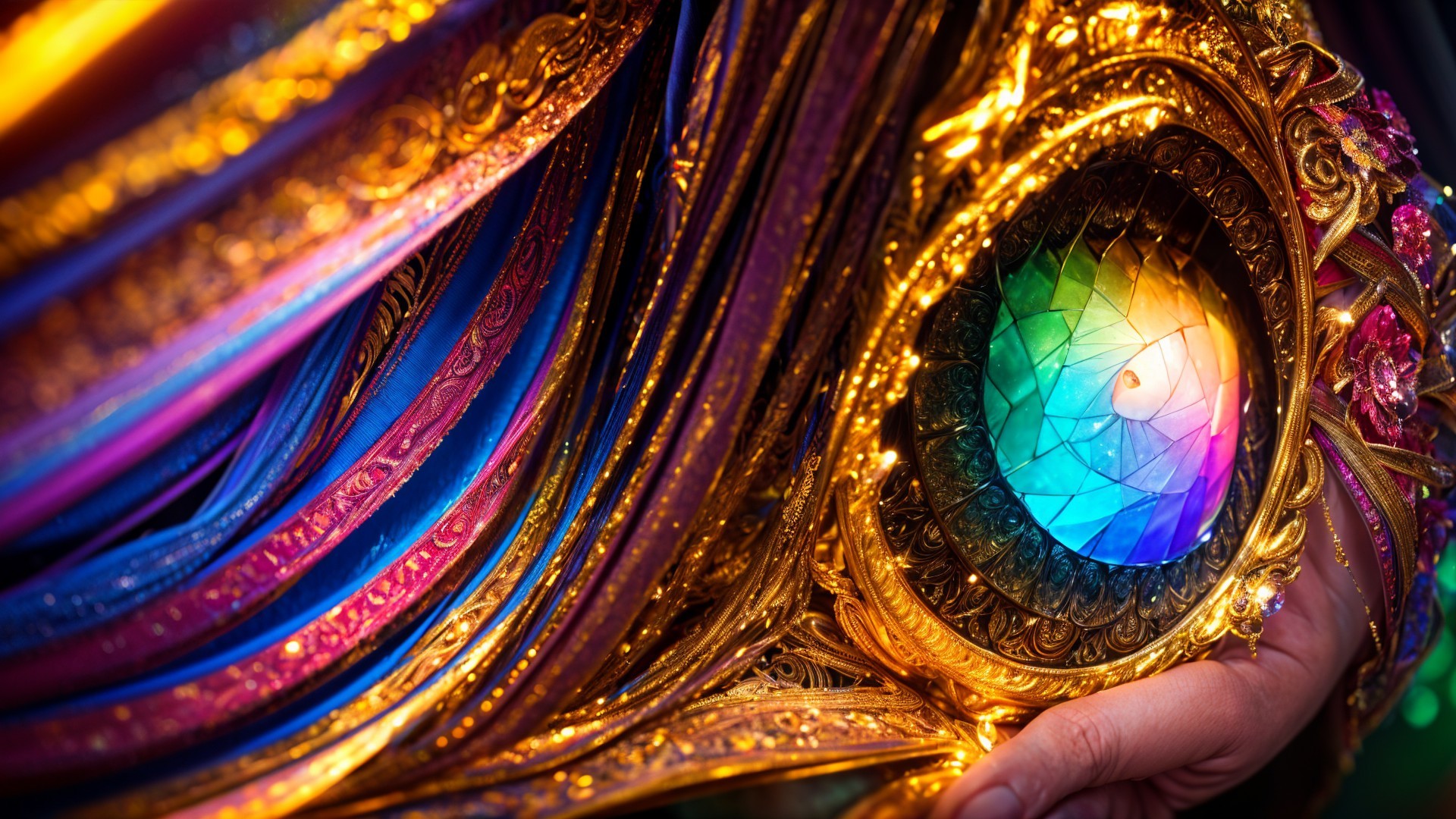Ornate golden frame with colorful jewel-like lens