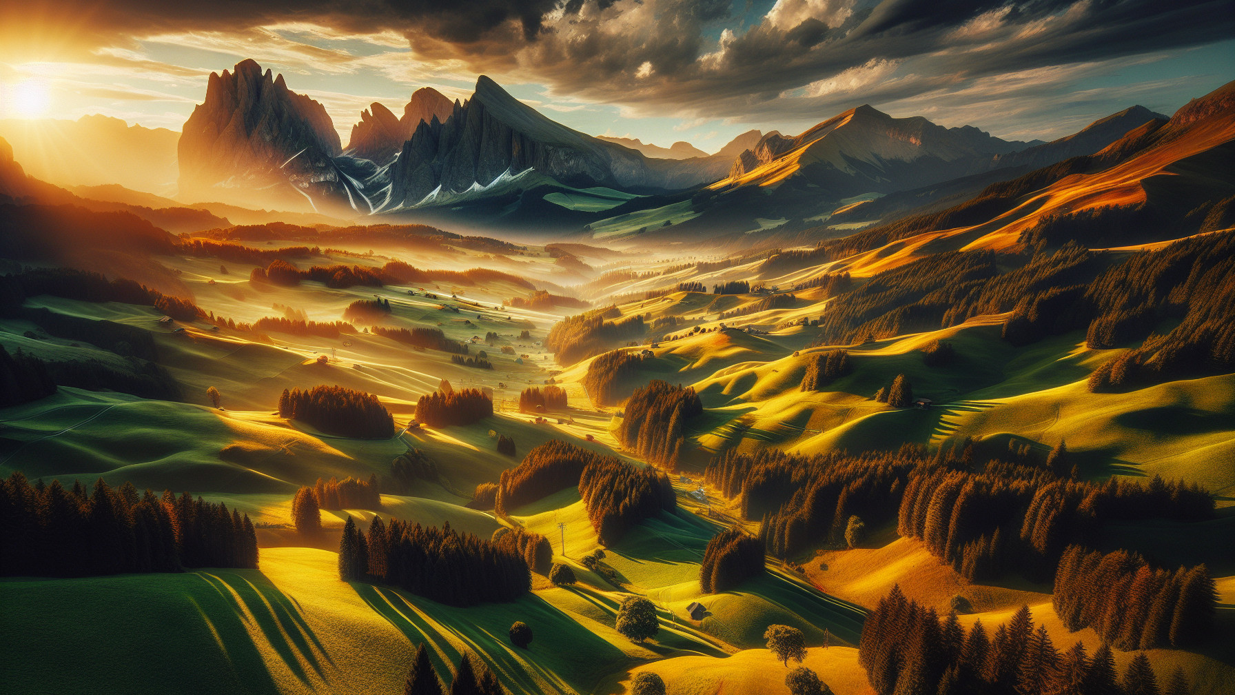 Dramatic Mountain Landscape with Lush Greenery and Sky