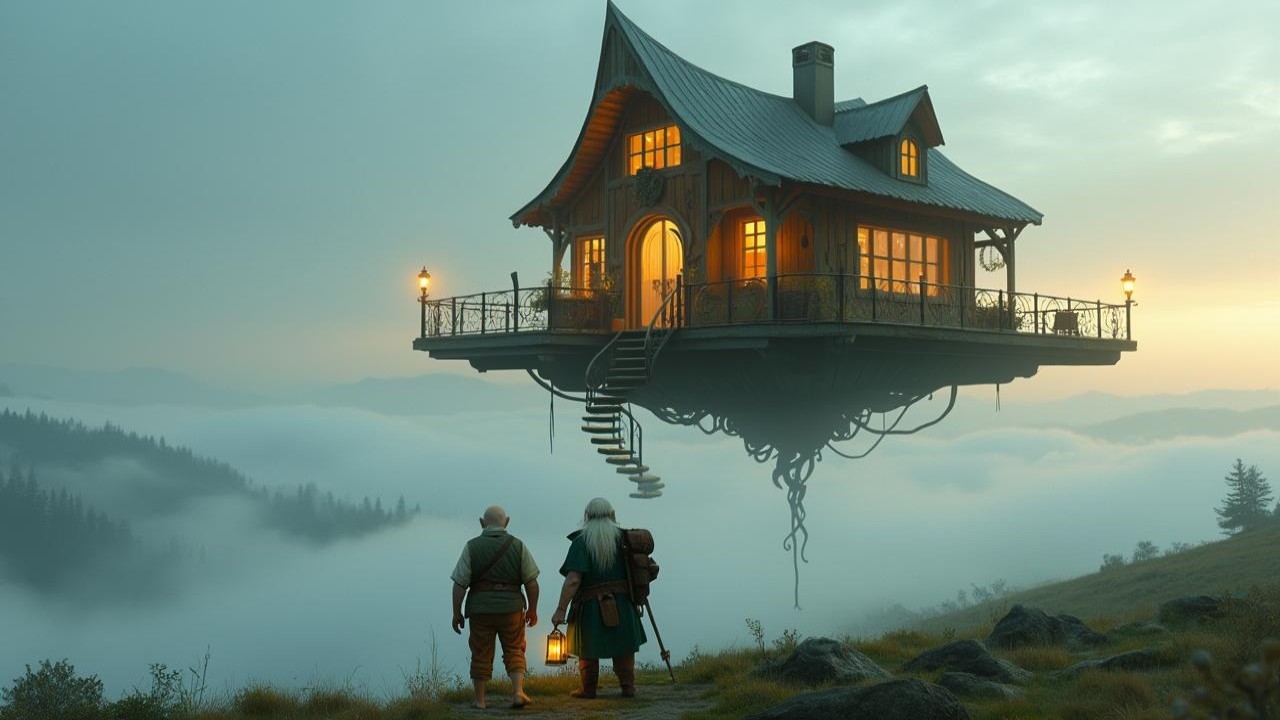 Floating House in a Misty Landscape with Travelers