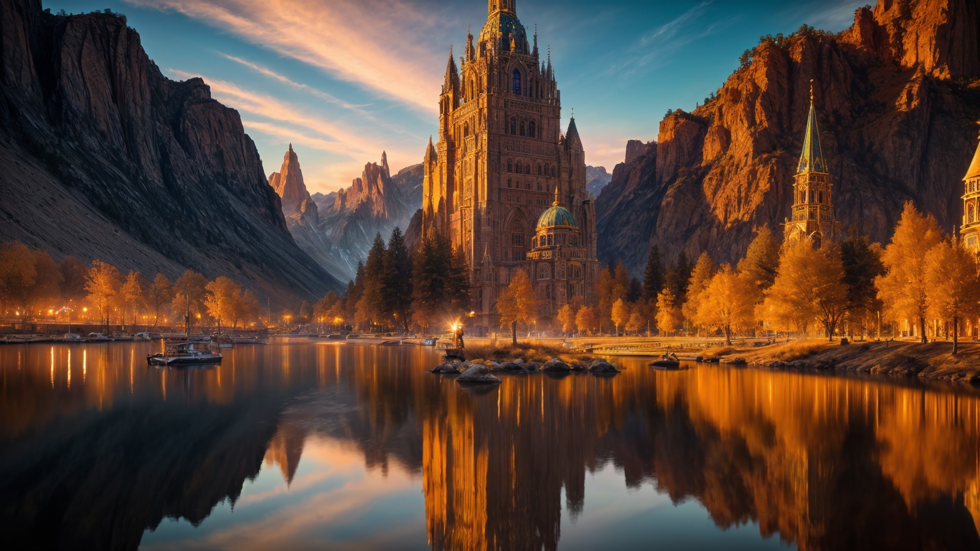 Majestic castle with mountains and autumn landscape