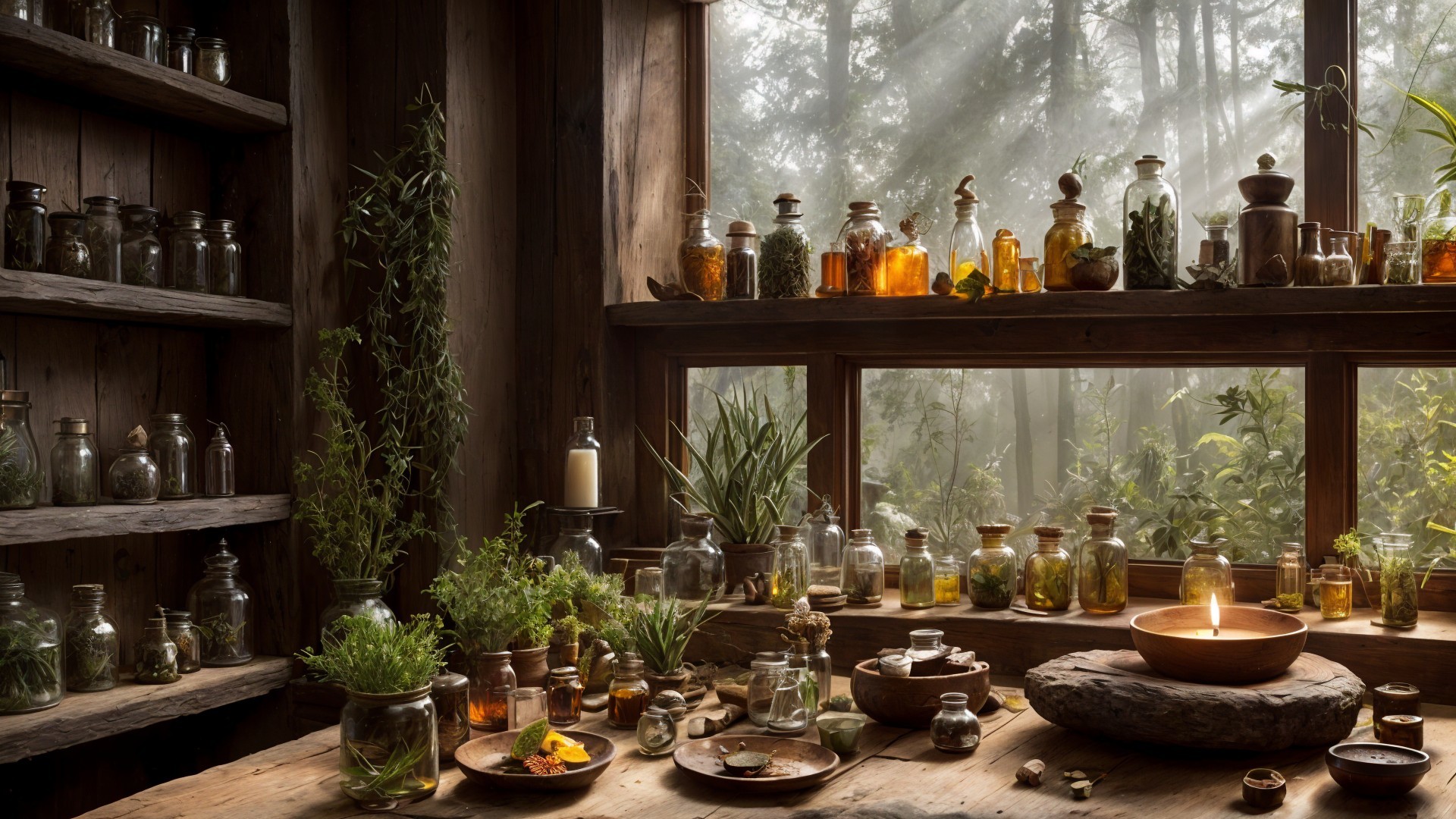 Cozy Rustic Herbal Workshop Surrounded by Nature
