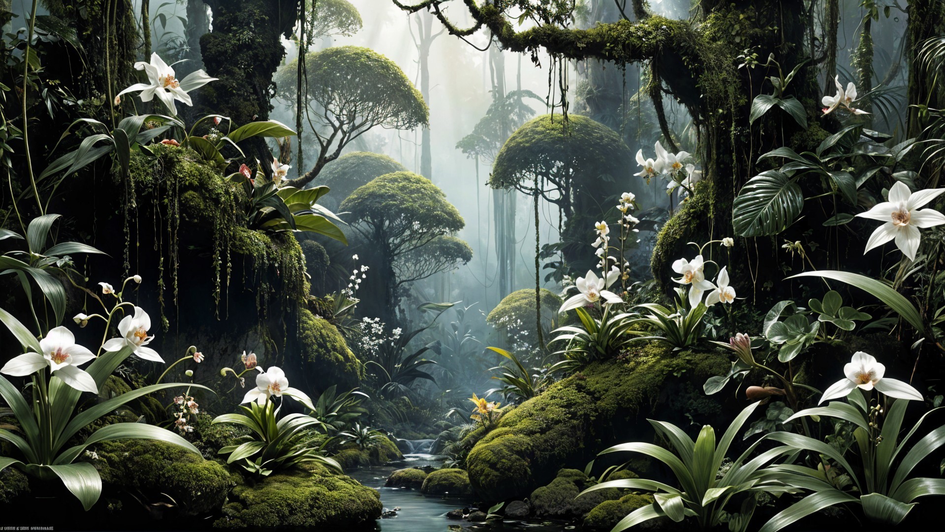 Vibrant Tropical Rainforest with Exotic Flora and Stream