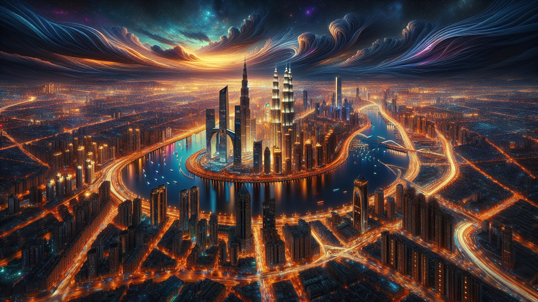 Aerial View of Futuristic Cityscape at Dusk