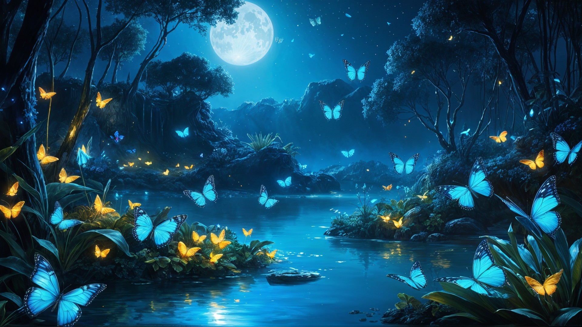 Tranquil River Scene Under Moonlight with Butterflies