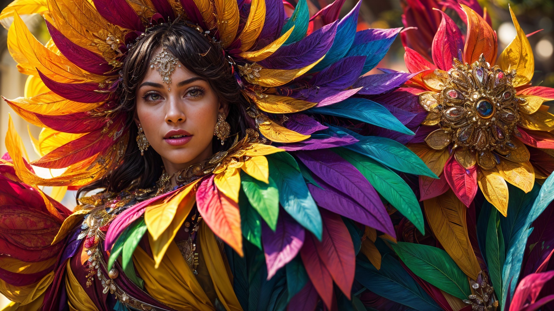 Vibrant Costume with Colorful Feathers and Jewelry