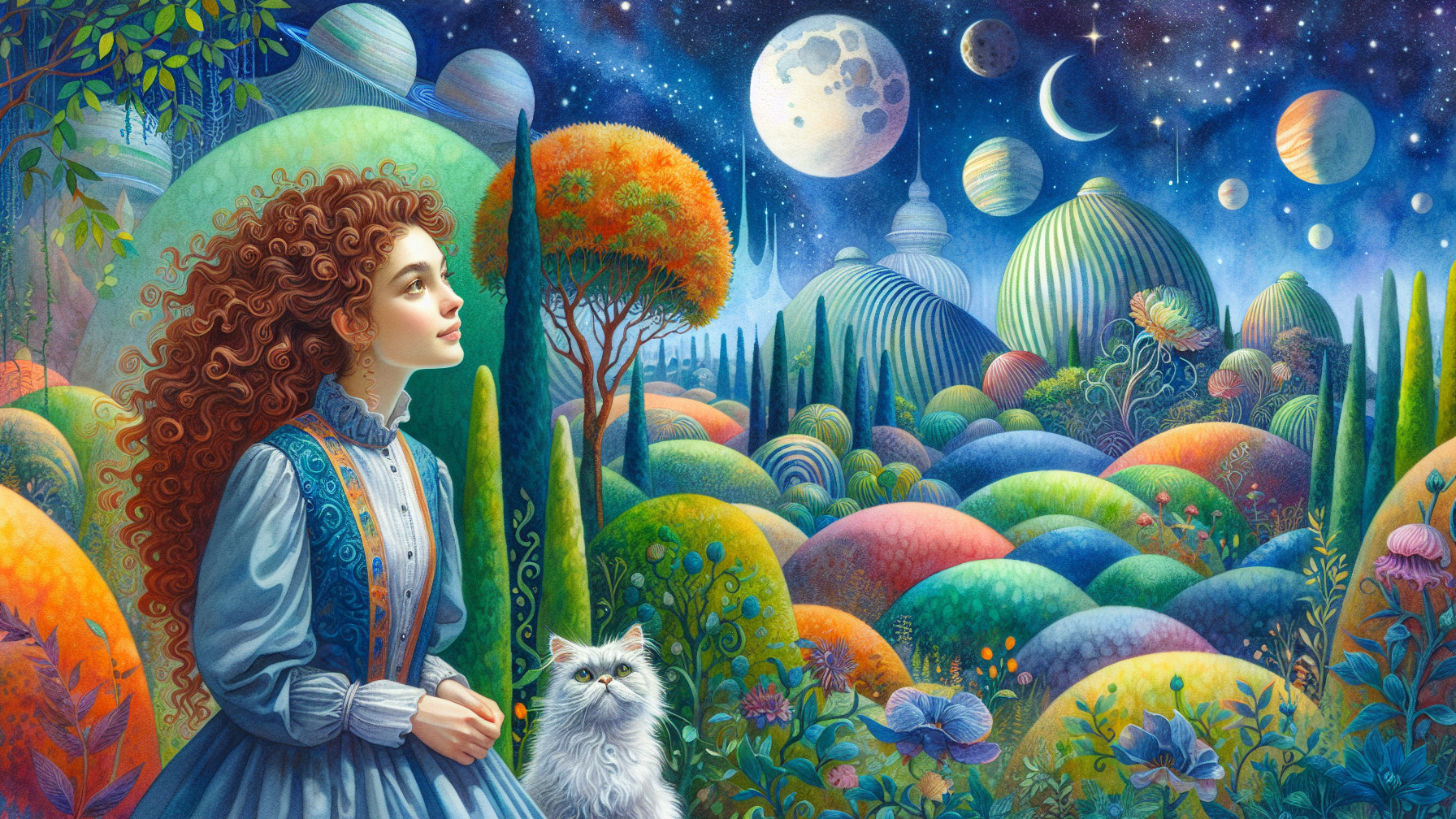 Whimsical Landscape with Girl, Cat, and Celestial Bodies
