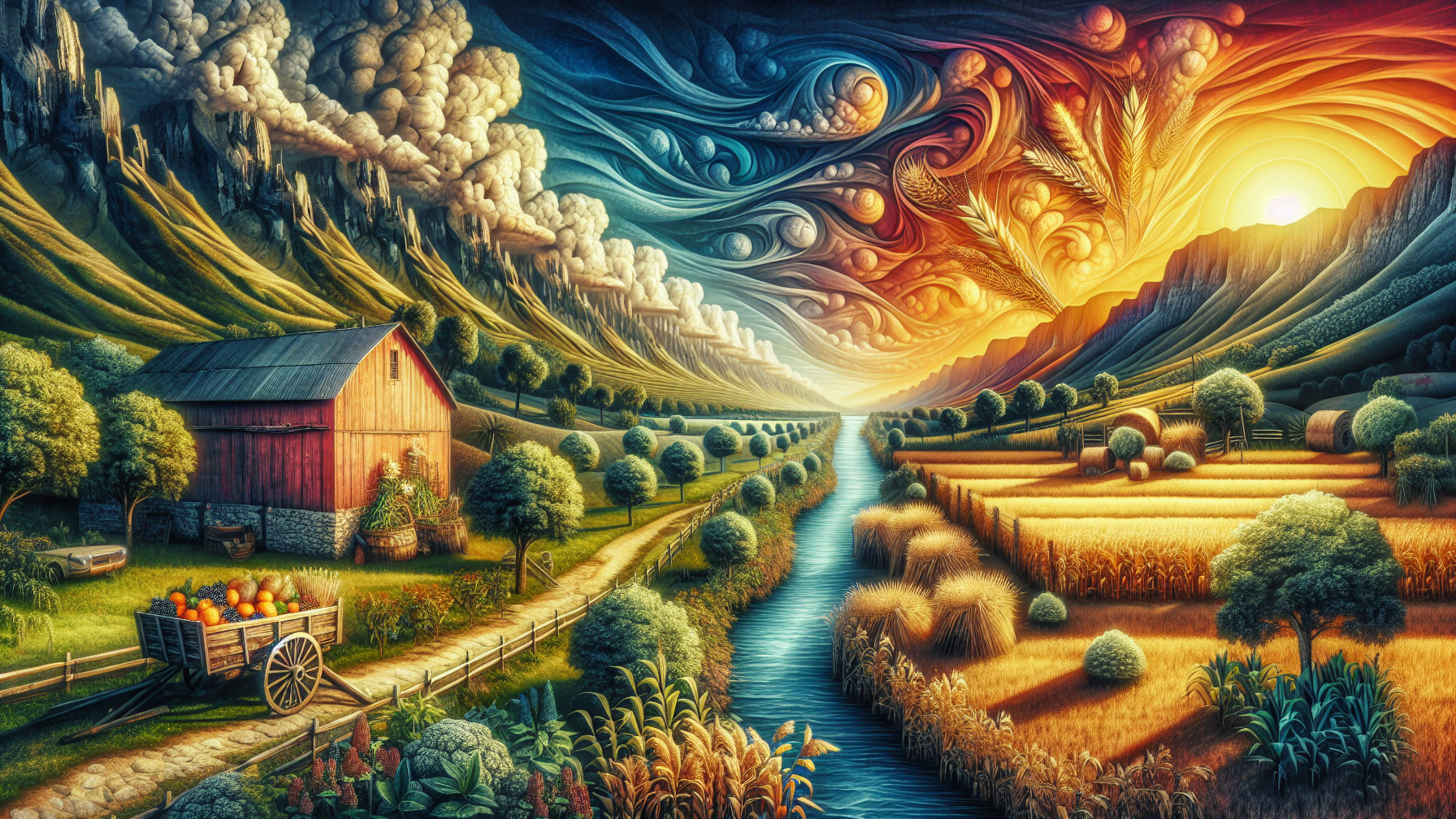 Surreal Landscape with Barn, River, and Sunset Colors