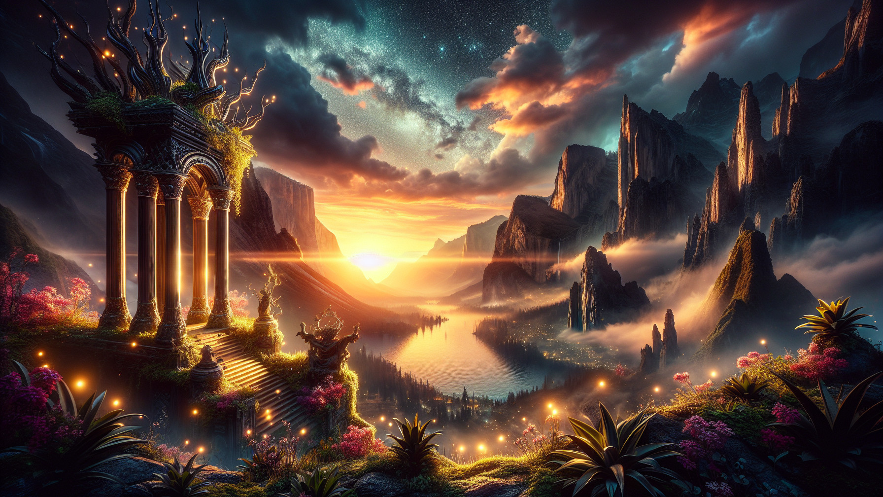 Enchanting Sunset Landscape with Mountains and Lake
