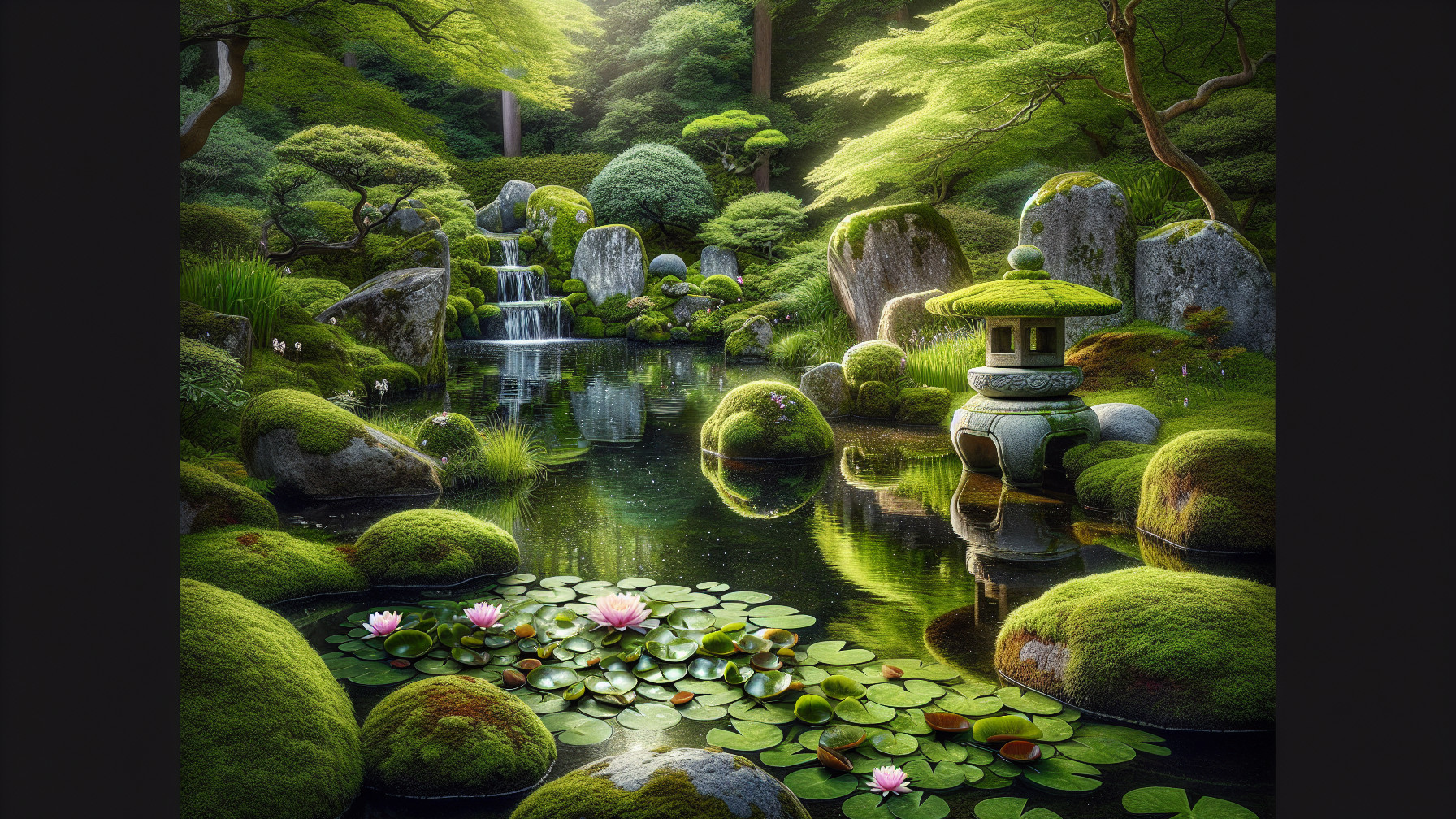 Serene Japanese Garden with Pond and Water Lilies