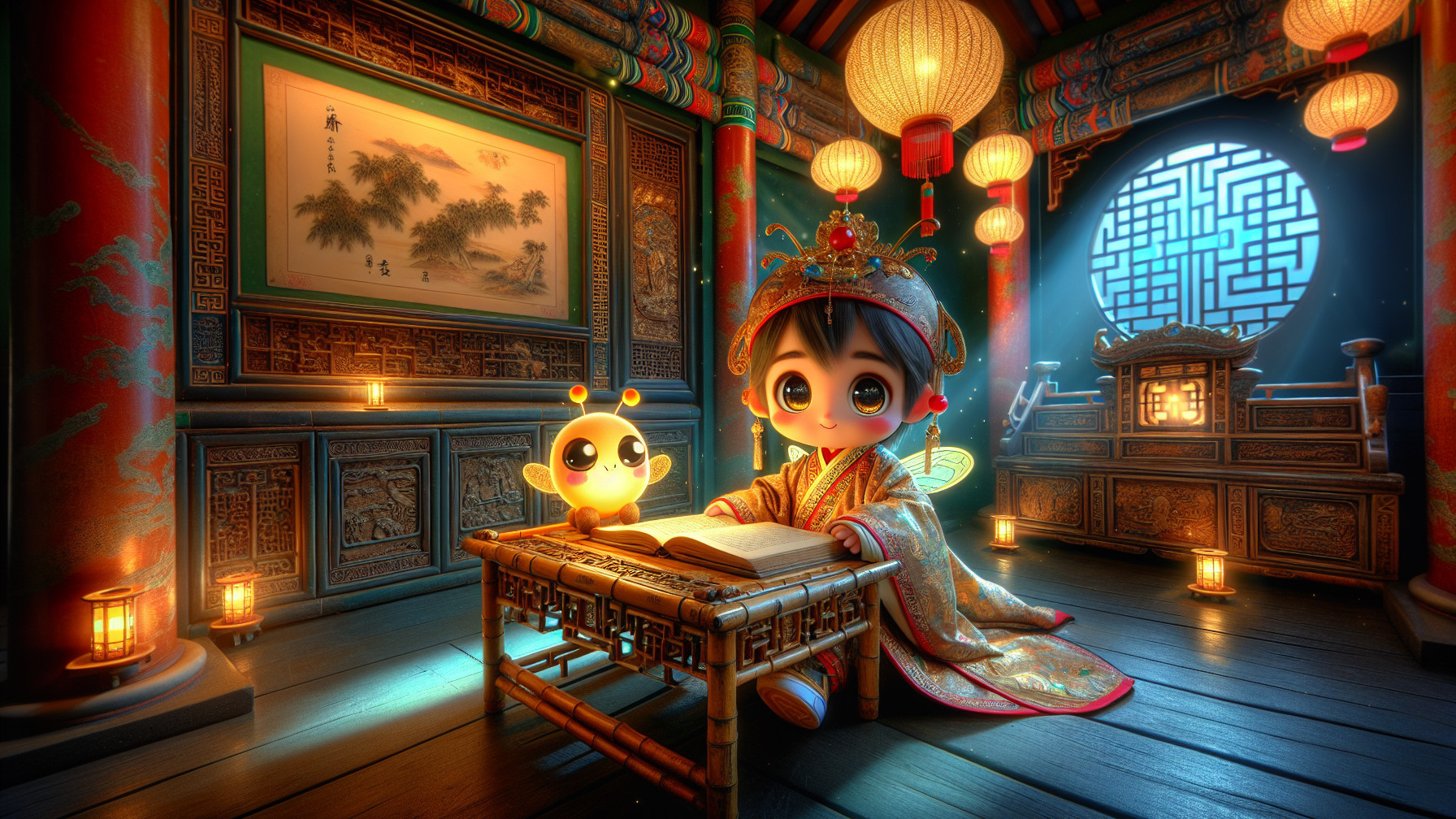 Chibi Character Reading in East Asian Decor Room