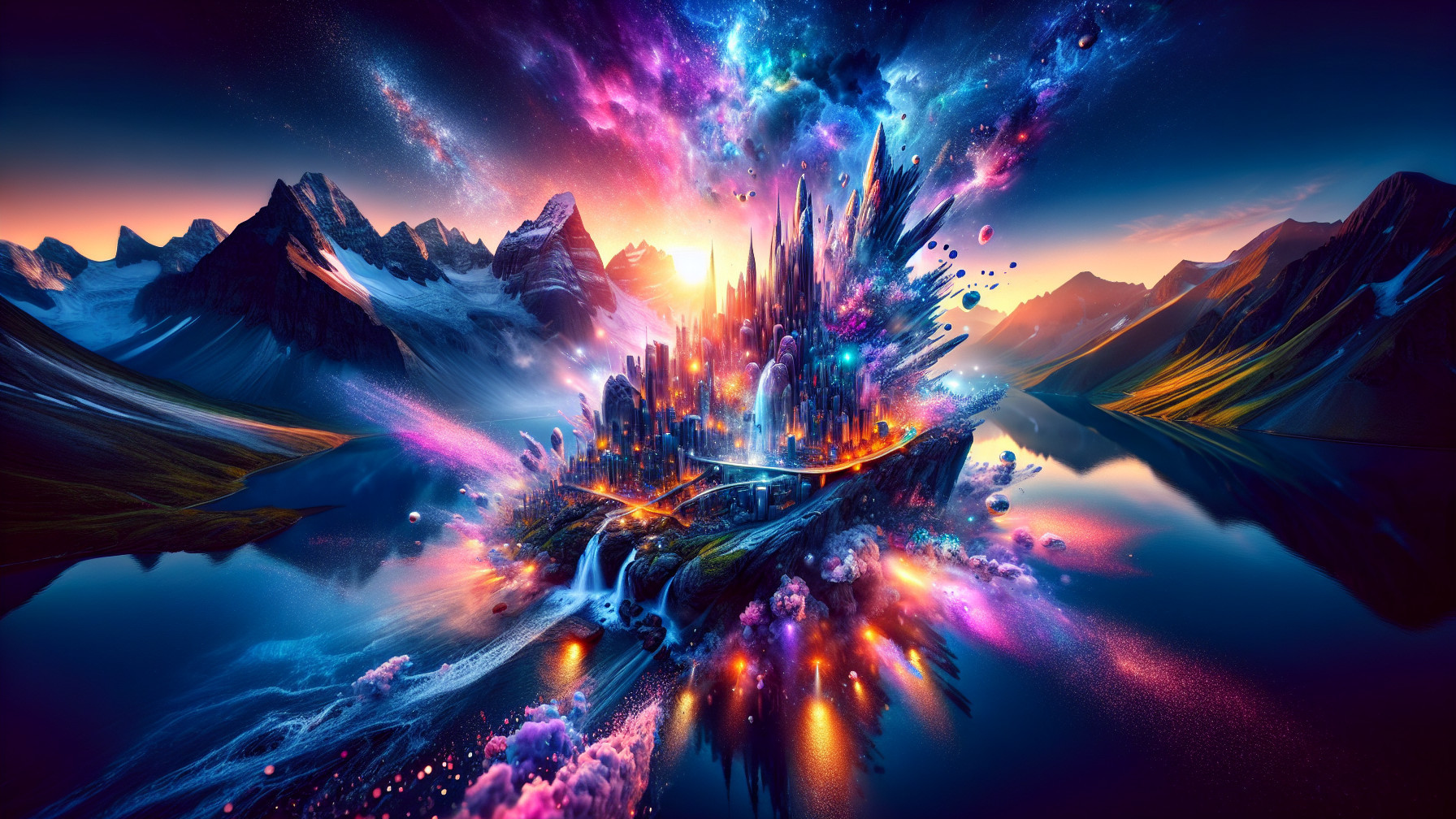 Vibrant Landscape with Crystalline City and Mountains