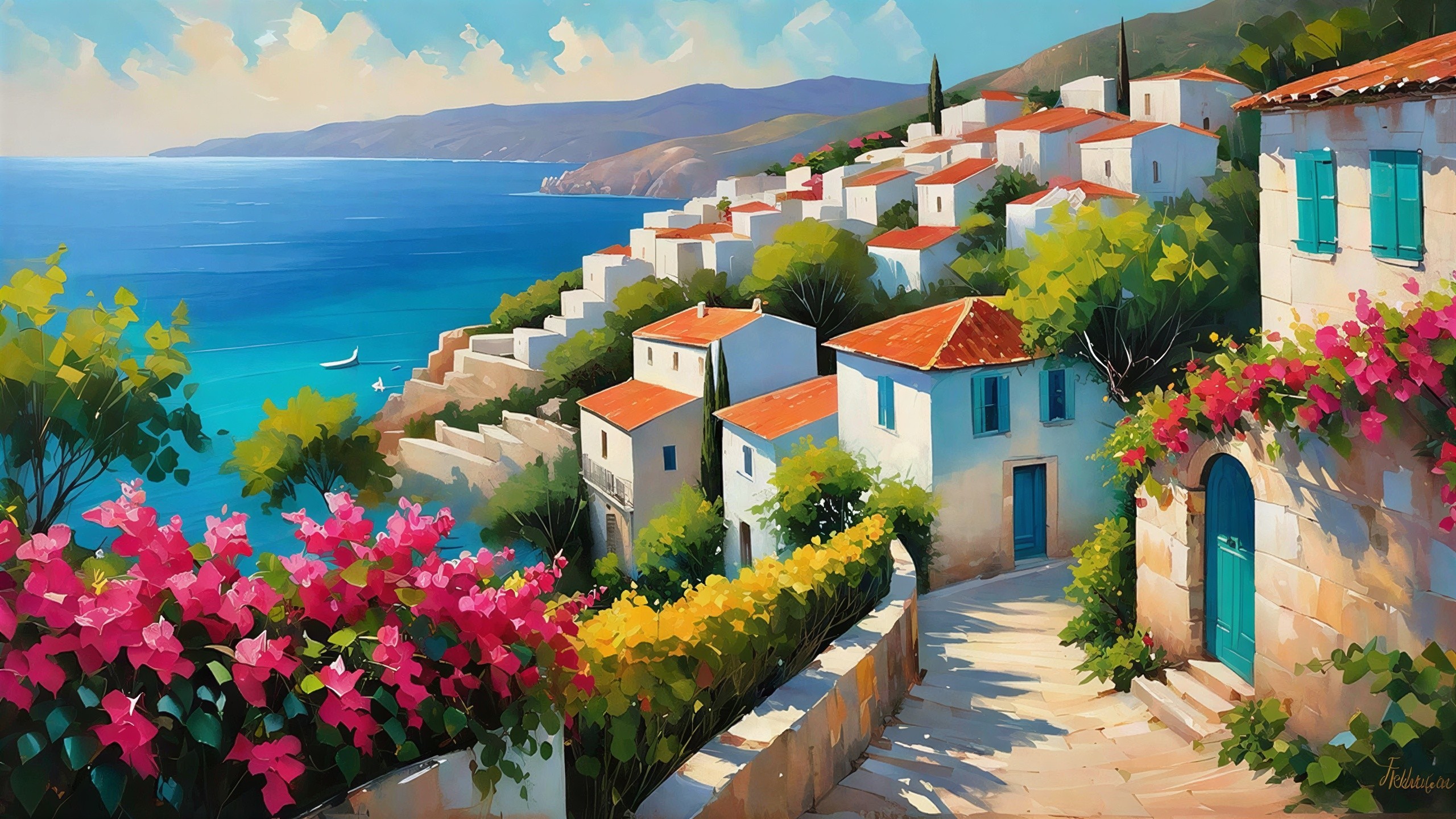 Watercolor of Mediterranean Town by the Sea