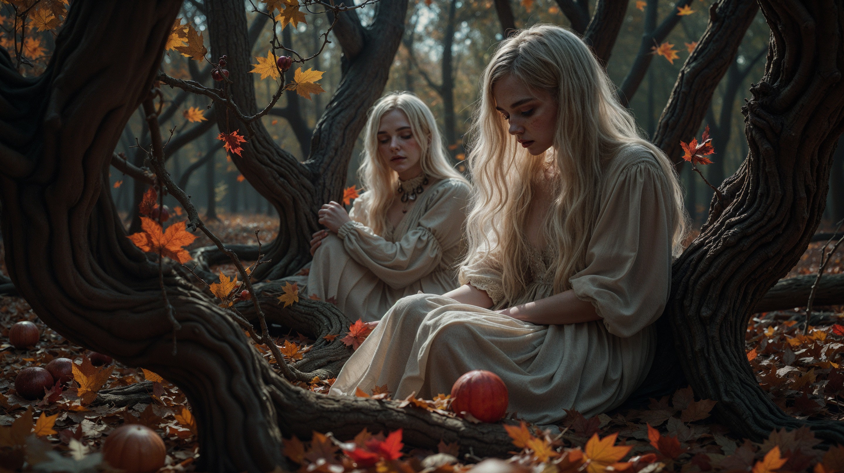 Ethereal Figures in Autumn Forest with Golden Leaves