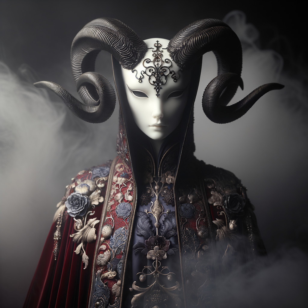 Ornate Figure in Colorful Robe and White Mask