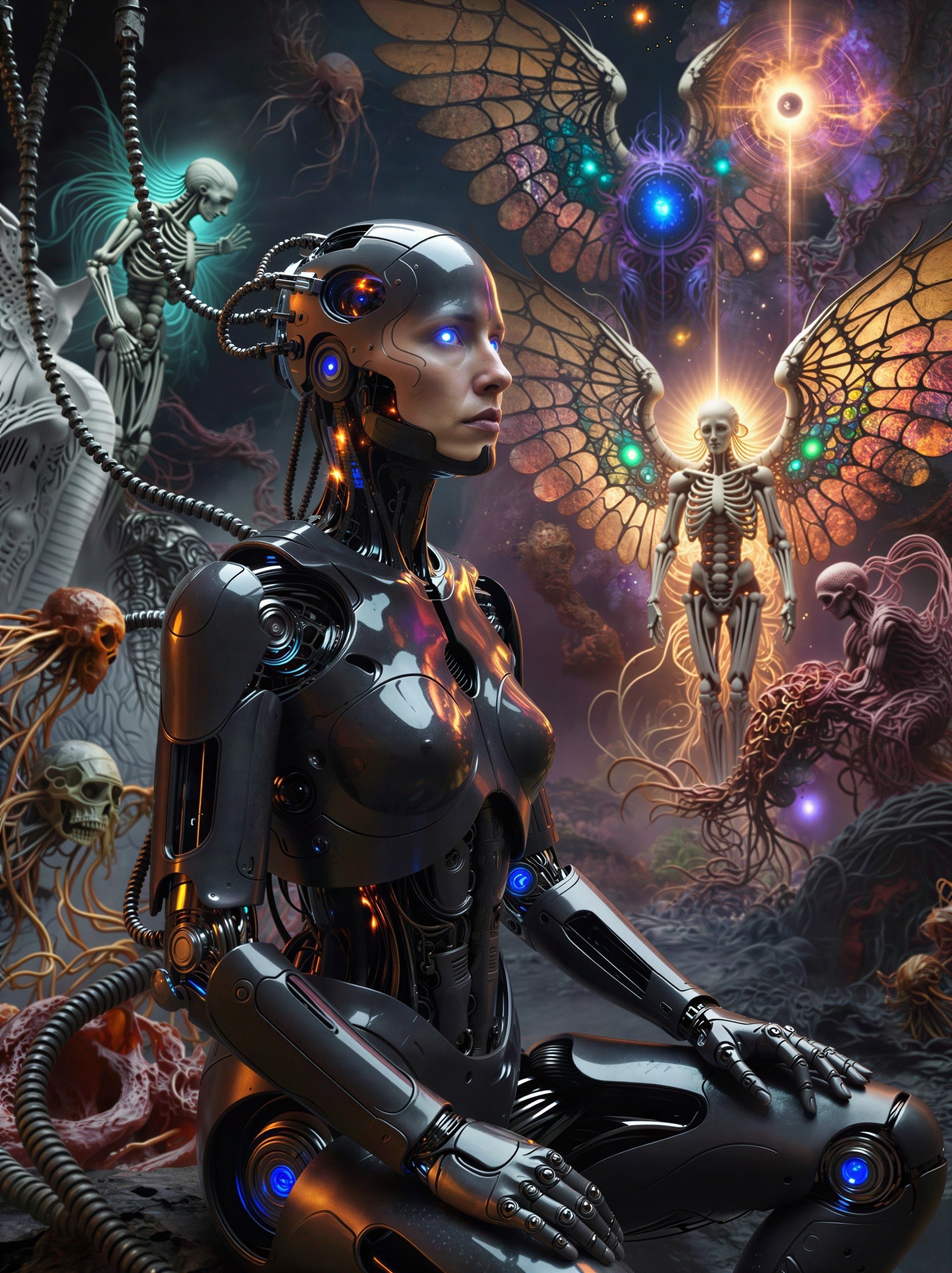 Cybernetic Human Figure in Surreal Fantasy Scene