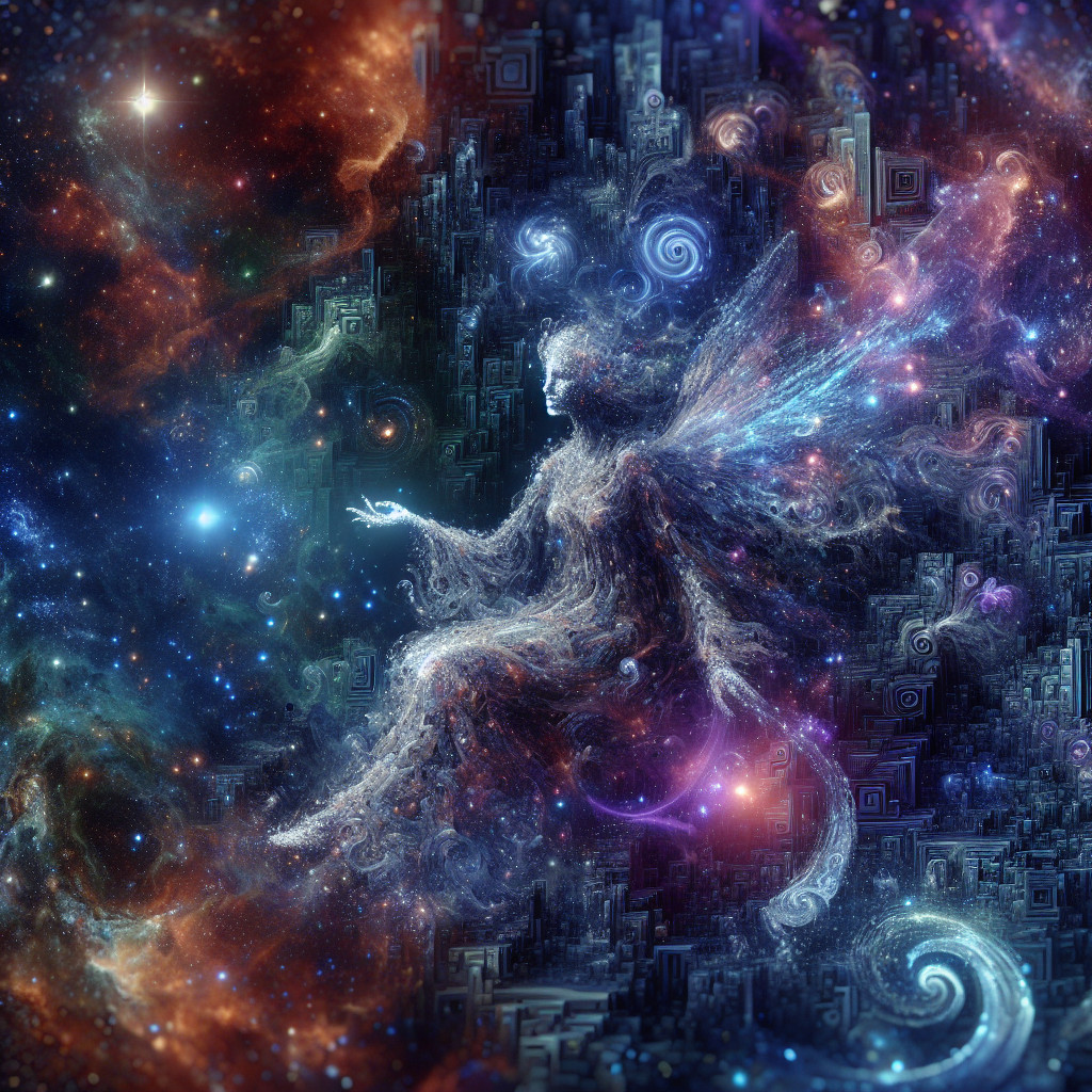 Ethereal Fairy Figure in Cosmic Colorful Landscape