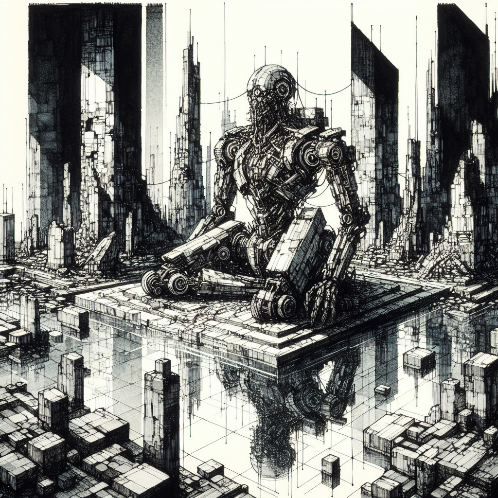 Colossal Robot in Futuristic Monochromatic Landscape