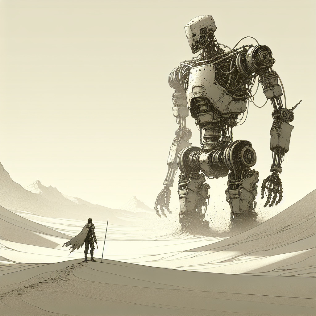 Desert Scene with Human and Giant Rusted Robot