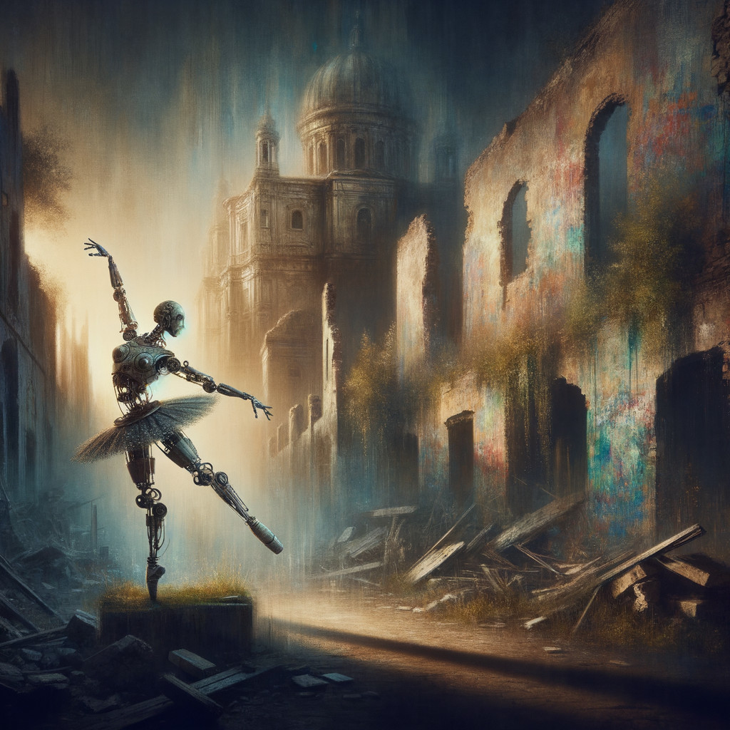 Robotic Ballerina in a Ruined Landscape Scene