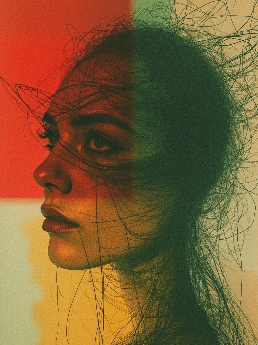 Close-up of a woman with tangled hair and expressive eyes