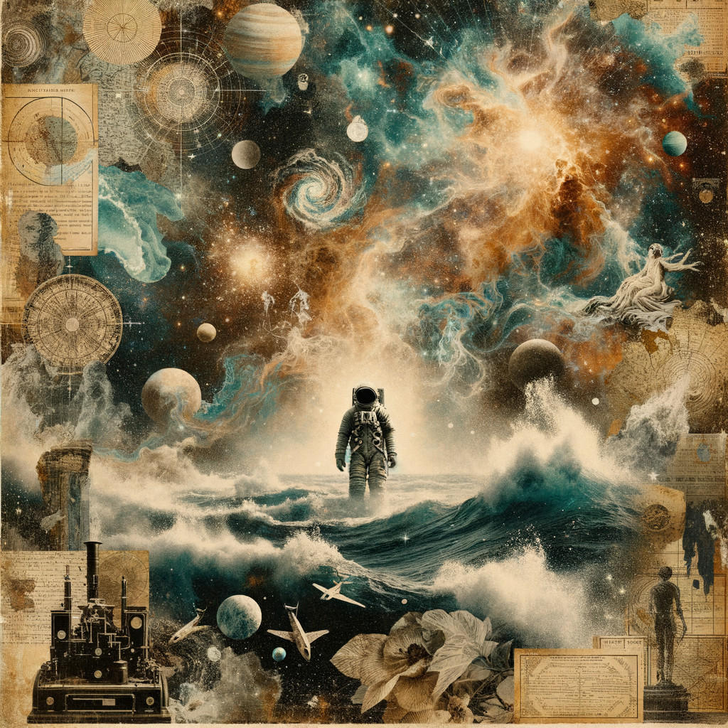 Astronaut in Cosmic Waves and Vibrant Galaxies