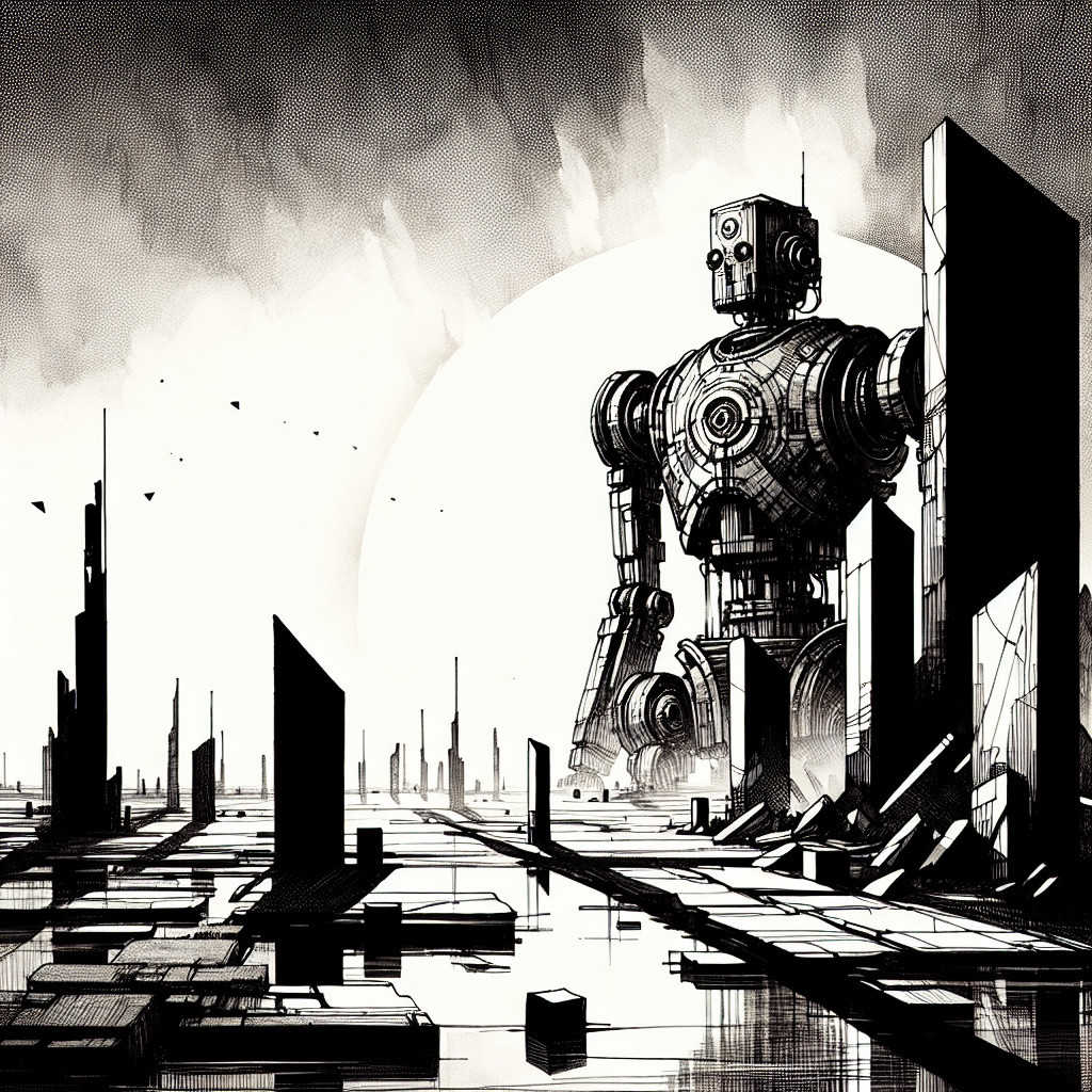 Black and white ink sketch of a humanoid robot in city