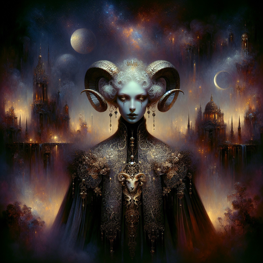 Fantastical figure in cosmic backdrop with celestial elements