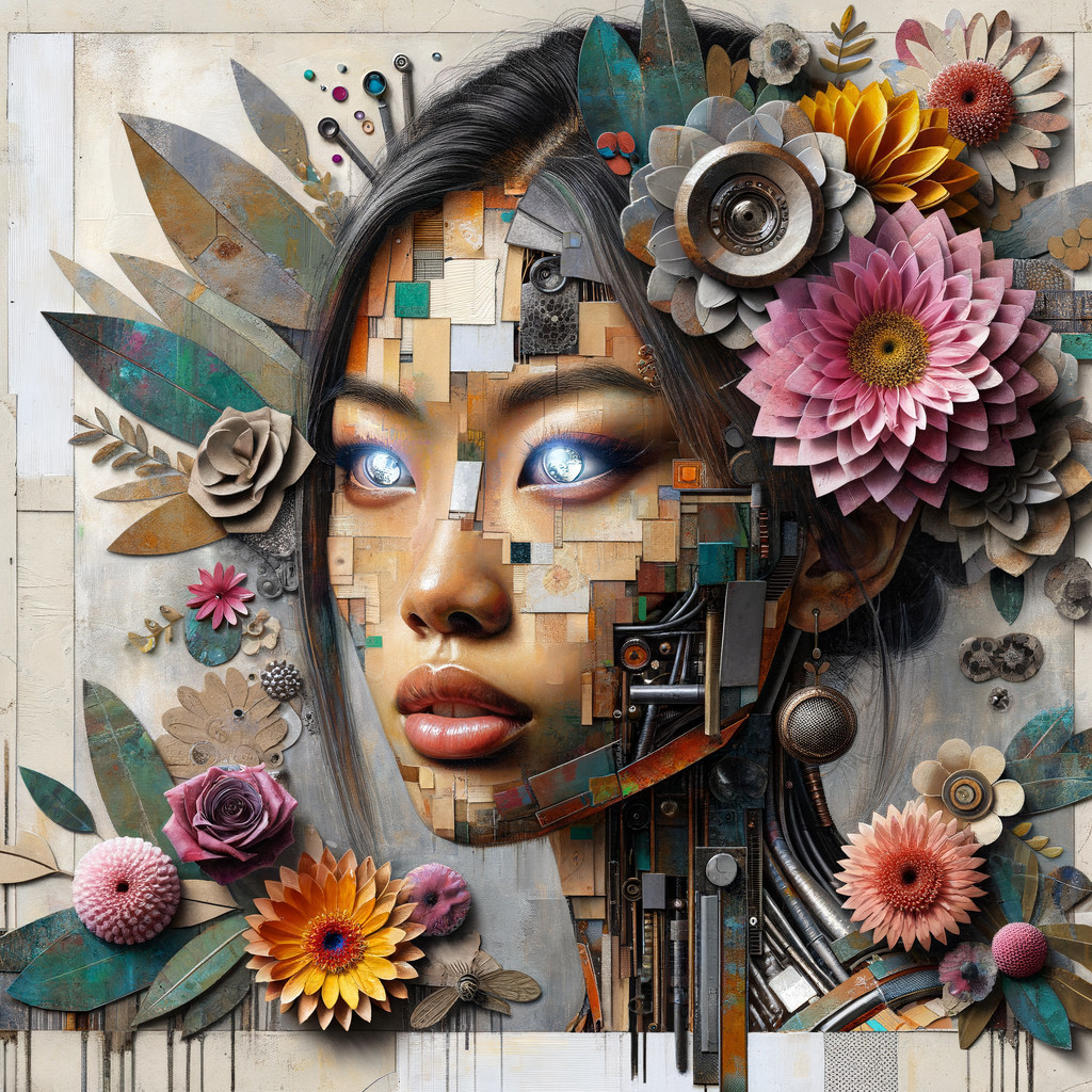 Mixed-Media Portrait of a Woman with Floral Elements