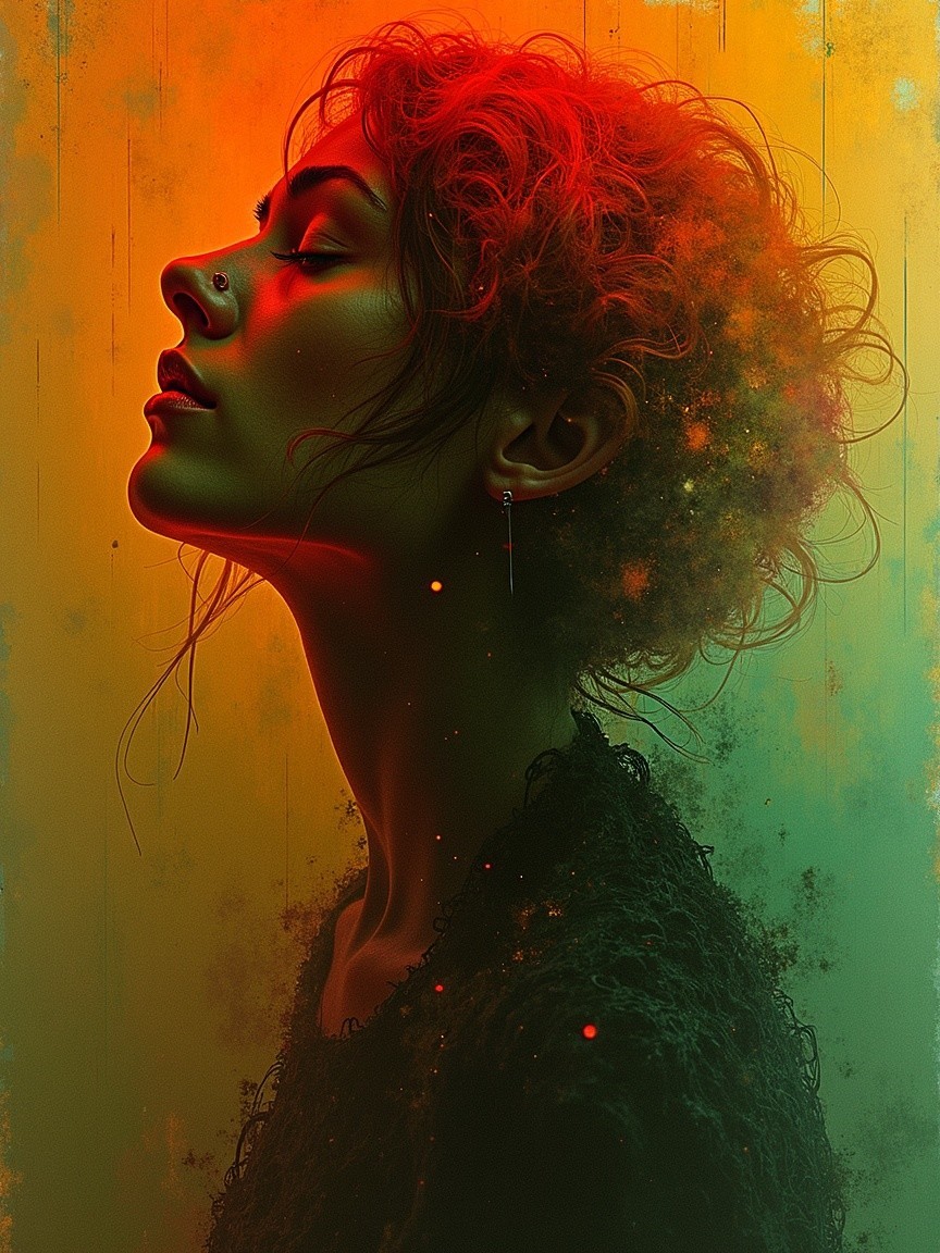 Profile of a Woman with Curly Hair in Vibrant Hues