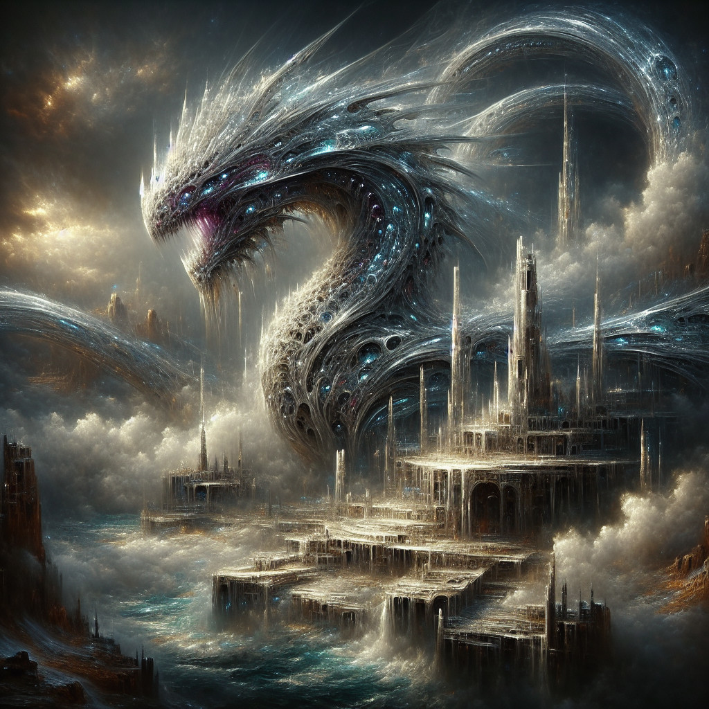 Majestic Dragon Creature Over Fantastical Cityscape