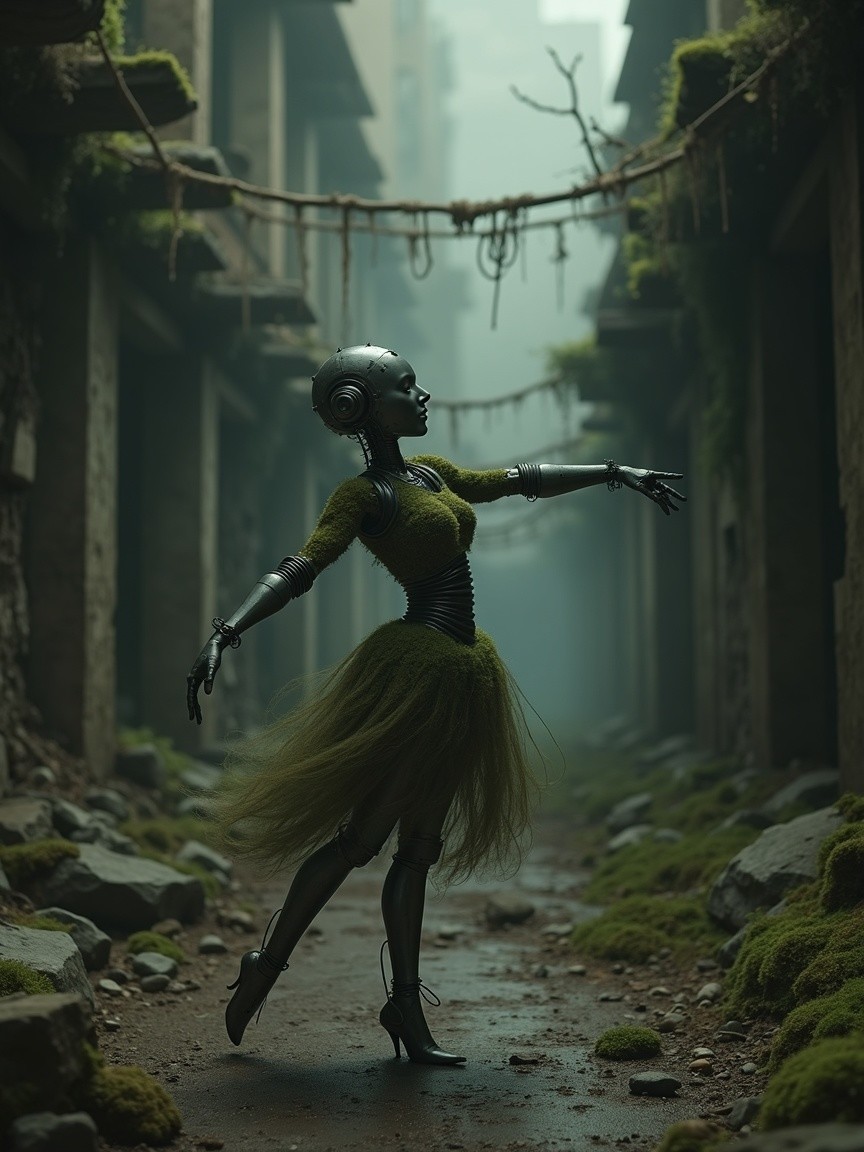 Robotic Figure Dancing in a Misty Overgrown Alley