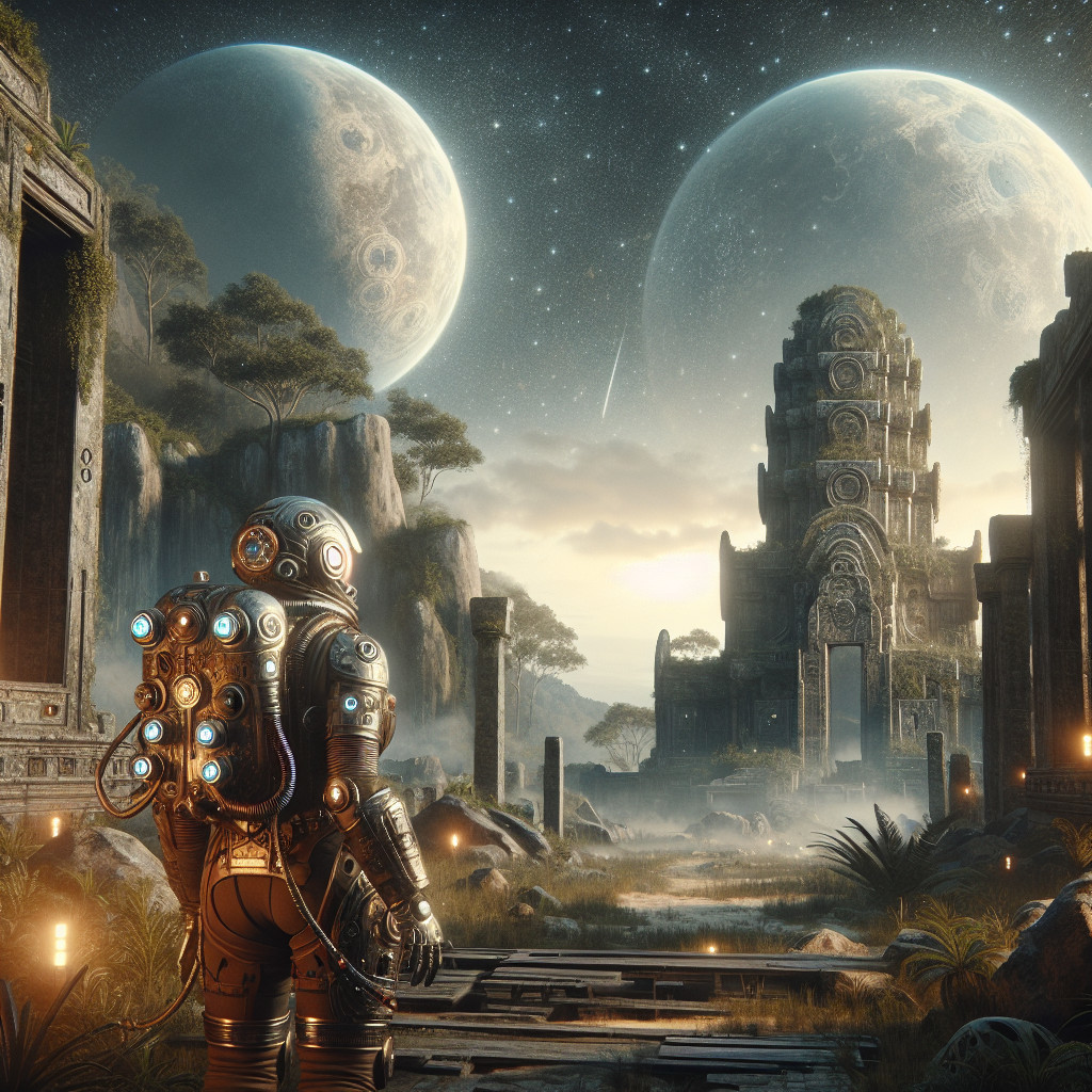 Astronaut in Ancient Temple with Celestial Bodies