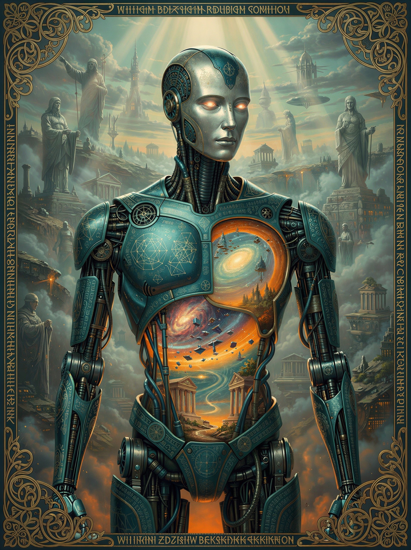 Detailed Fantasy Art of a Metallic Cyborg Figure