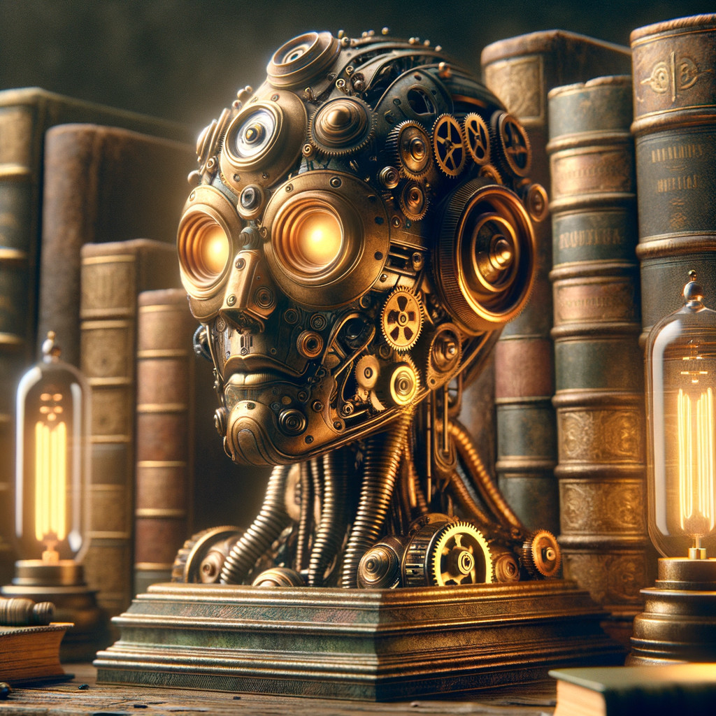 Steampunk Robotic Head with Gears and Vintage Books