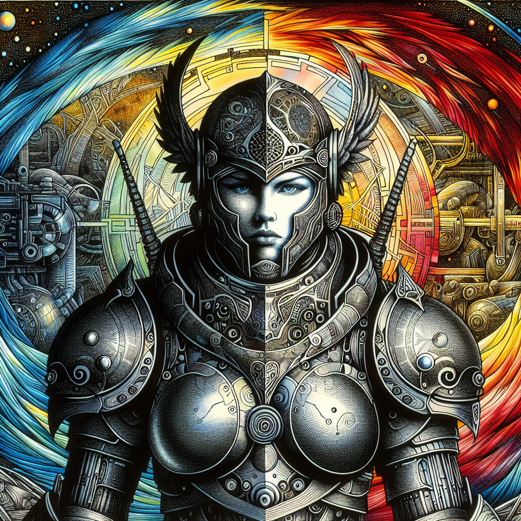 Warrior in Intricate Armor with Cosmic Background