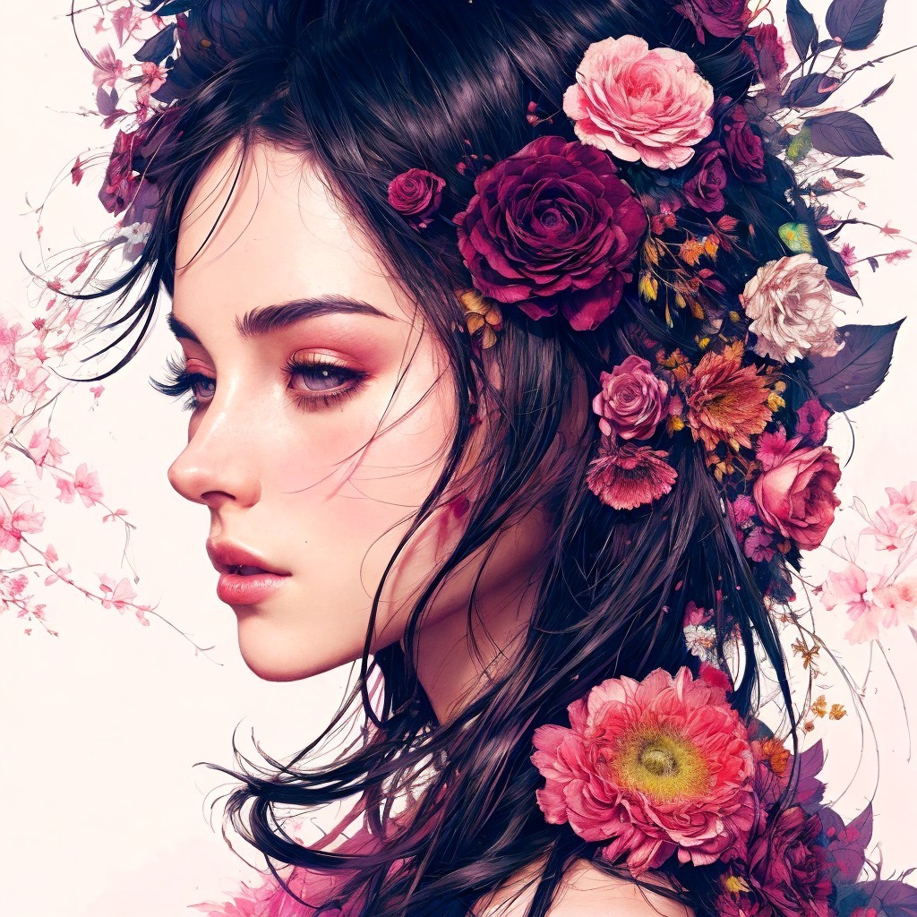 Digital Painting of a Woman with Floral Arrangement