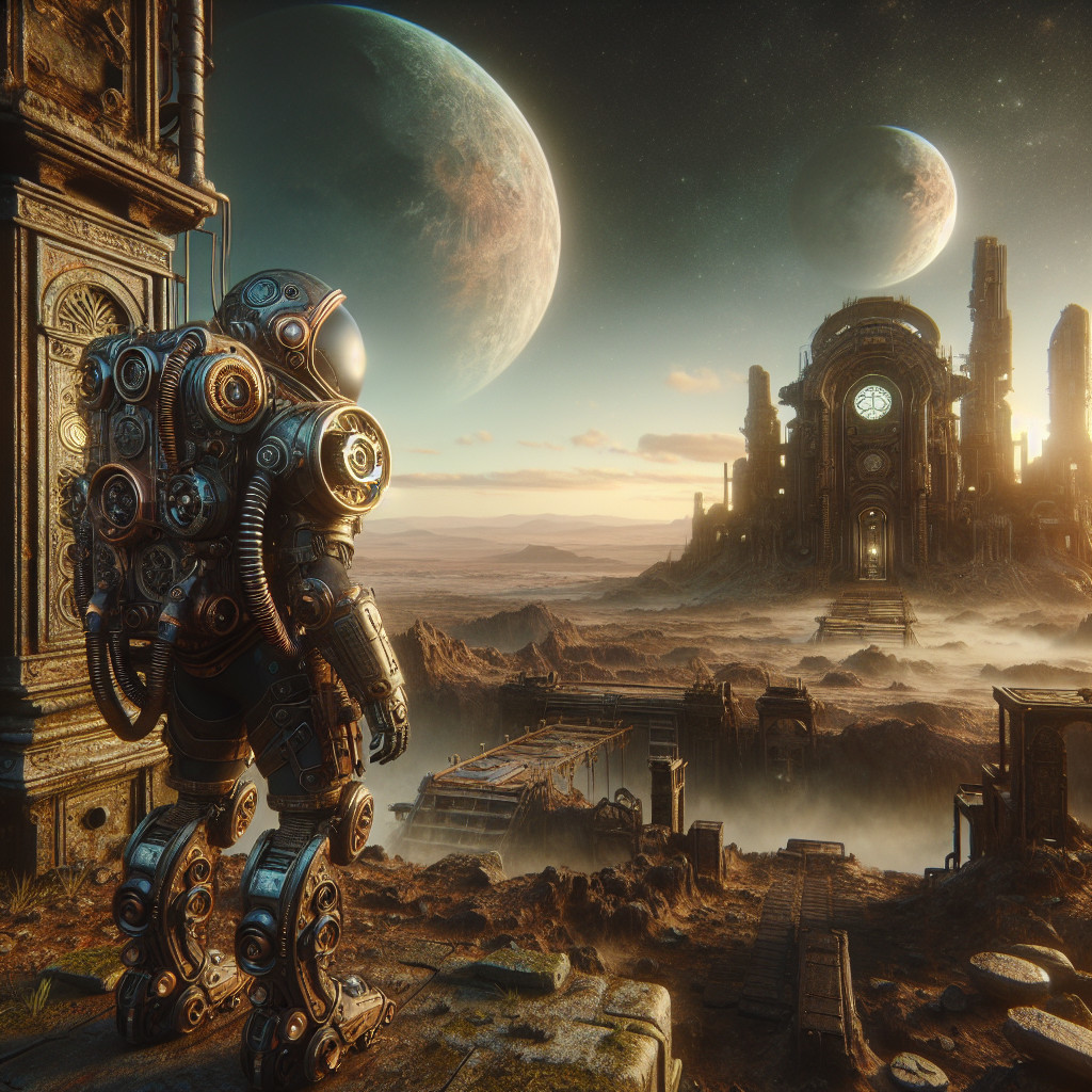 Futuristic Robot Overlooks Decaying City Landscape