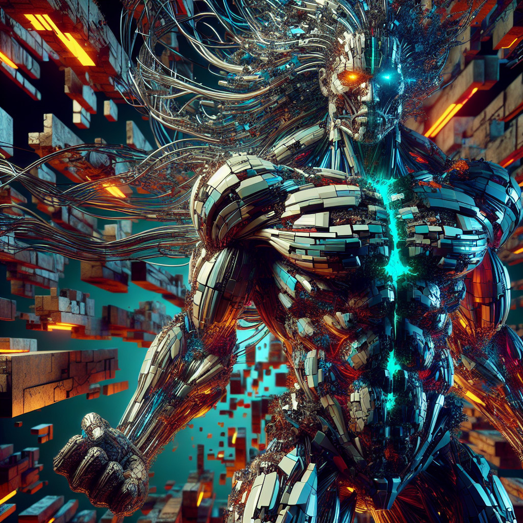 Futuristic Humanoid Robot in Dynamic Geometric Scene