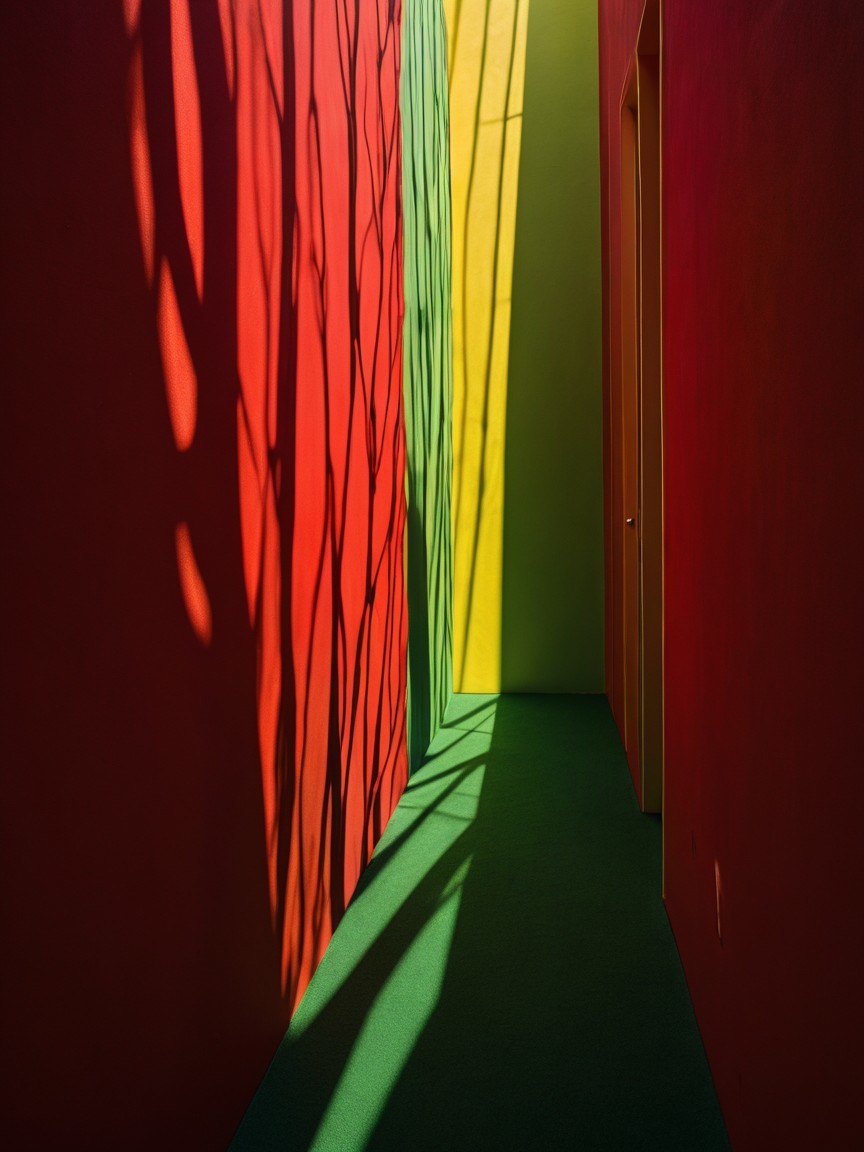 Vibrant Hallway with Colorful Walls and Dramatic Shadows